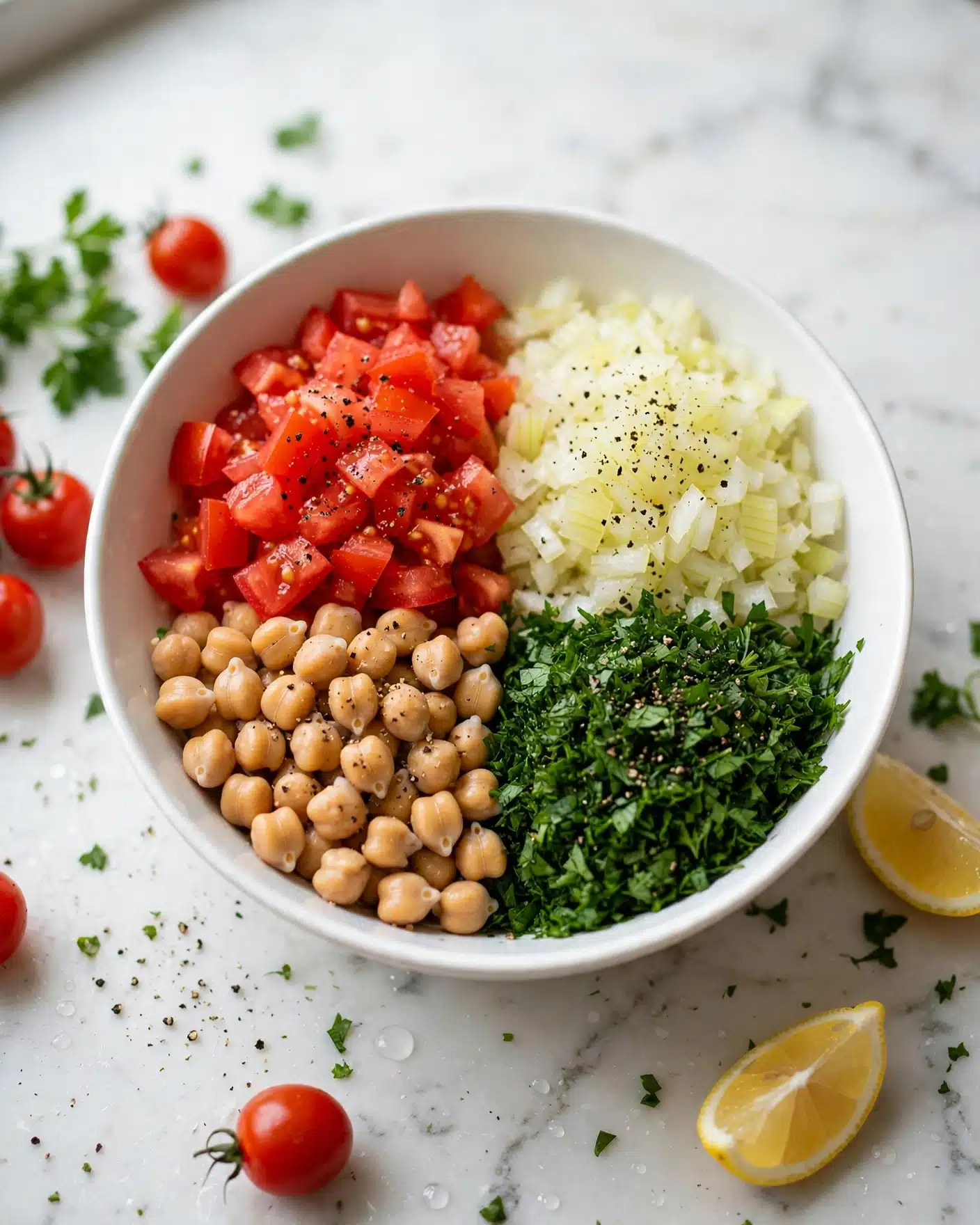 A white bowl on a white marbled surface holds four separate layers of ingredients arranged side by side. One quarter contains juicy, small diced red tomatoes. Next to it is a section of light yellow chopped onions with a slightly translucent texture. Another quarter has cooked chickpeas that are light brown with a firm, round texture. The last part is filled with finely chopped dark green parsley. The ingredients appear fresh and sprinkled lightly with black pepper. photo taken with an iphone --ar 4:5 --v 7