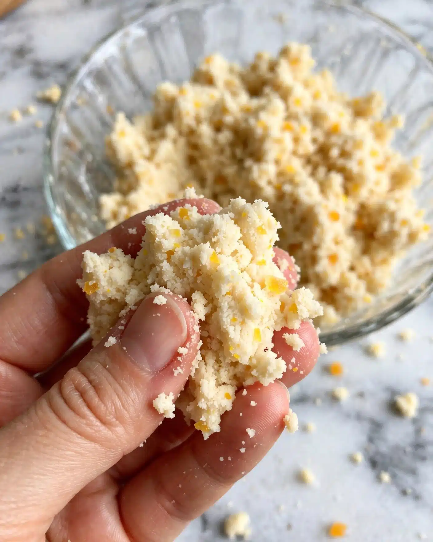 A close-up image shows a woman's hand holding a small mound of pale, grainy dough that appears soft and slightly crumbly. The dough has a light cream color with tiny yellow specks scattered throughout. In the background, a glass bowl filled with more of the same dough mixture is visible, resting on a white marbled surface. The texture looks coarse but moist, and small bits of dough cling lightly to the woman's fingers. Photo taken with an iphone --ar 4:5 --v 7