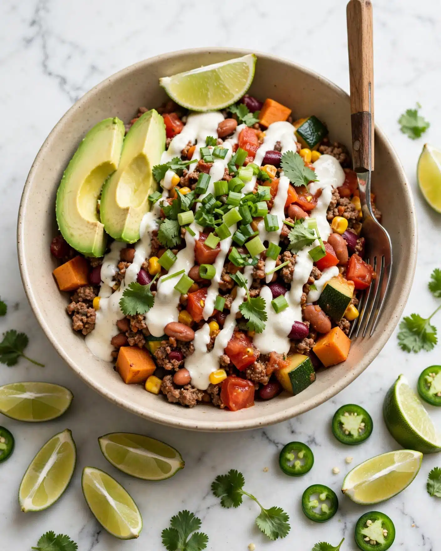 A beige bowl on a white marbled surface is filled with a colorful chili dish made of three main layers: the bottom layer has cooked ground meat mixed with beans, diced red tomatoes, orange sweet potatoes, yellow corn, and dark green zucchini, all mixed well. On top of this base, there are scattered bright green chopped scallions and fresh cilantro leaves, adding a fresh look. Two slices of light green avocado sit on one side, with a generous drizzle of white sauce over the whole dish, giving a creamy texture. A lime wedge rests on the edge of the bowl. A fork with a wooden handle leans against the bowl’s right edge. Around the bowl, there are extra lime wedges, sliced jalapeños, and some loose cilantro leaves on the white marbled surface. Photo taken with an iphone --ar 4:5 --v 7