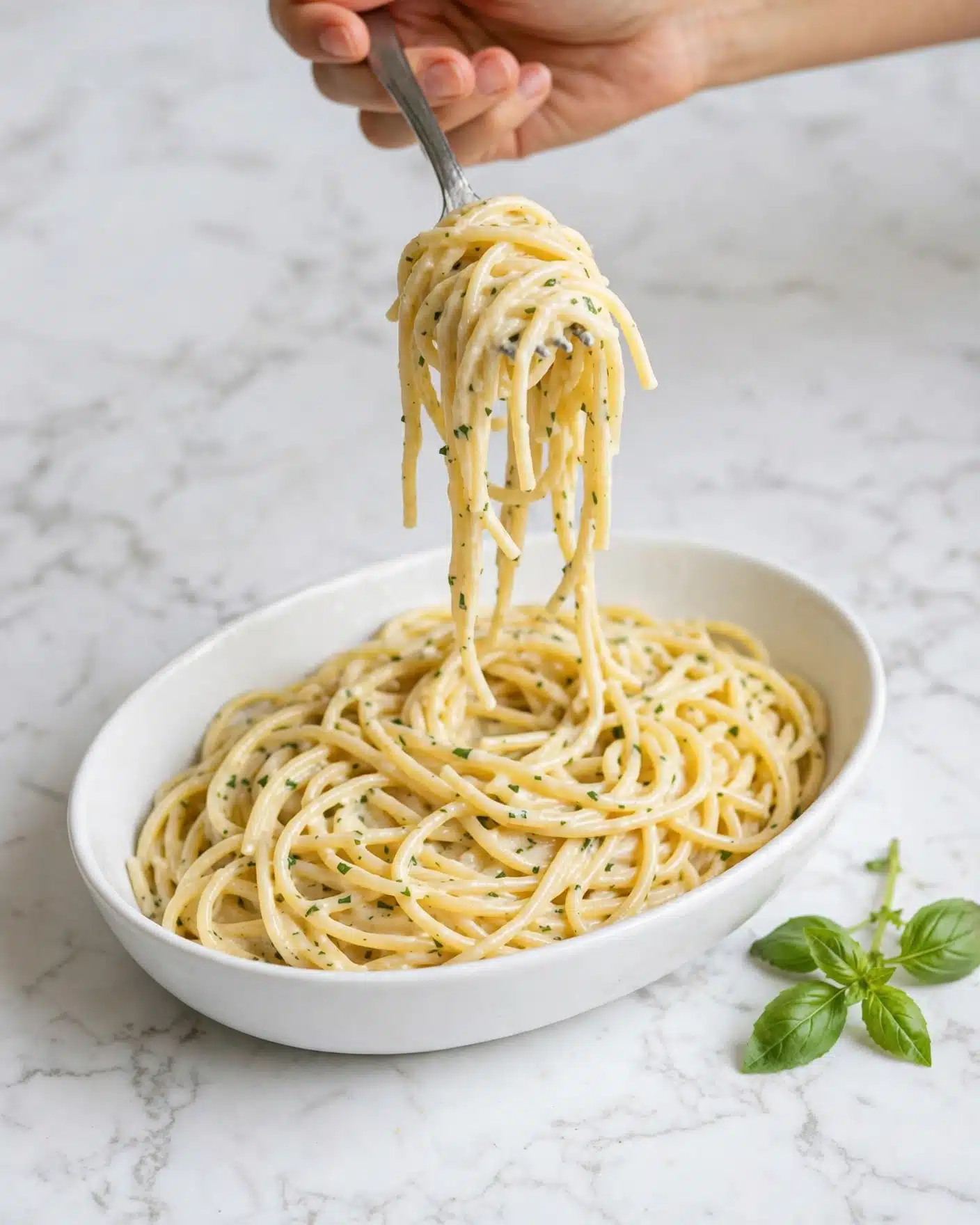The BEST Creamy Pesto Pasta Recipe (15 Minutes!) Recipe 5 A white oval bowl sits on a white marbled textured surface, filled with a single layer of creamy light yellow pasta strands mixed with small green herb bits evenly spread throughout. Above the bowl, a woman's hand holds a fork lifting a tangle of the pale pasta, showing the soft, smooth texture and slight shine from the sauce. Near the bowl lies a small sprig of fresh green basil leaves adding color contrast to the scene. Photo taken with an iphone --ar 4:5 --v 7