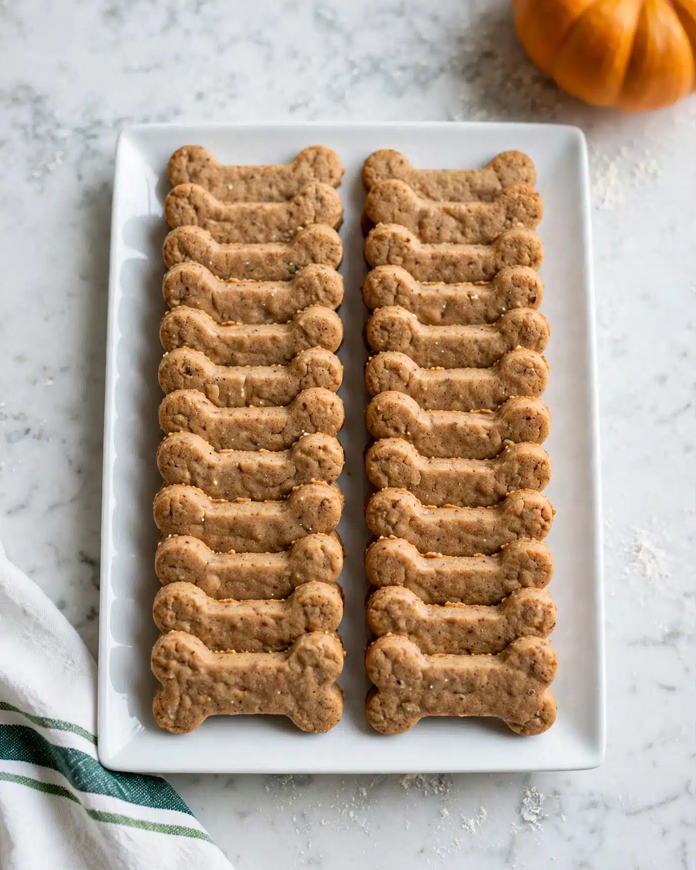Pumpkin Dog Treats Recipe 5 The image shows a white rectangular plate filled with two rows of 12 bone-shaped baked treats arranged neatly, each treat having a light brown, slightly rough texture that looks crisp on the outside. The treats are closely packed with a uniform shape and size, giving a clean and organized look. The background is a white marbled texture with a softly blurred orange pumpkin in the upper right corner, adding a warm tone to the scene. A white cloth with thin green stripes is partially visible at the bottom left corner. Photo taken with an iphone --ar 4:5 --v 7