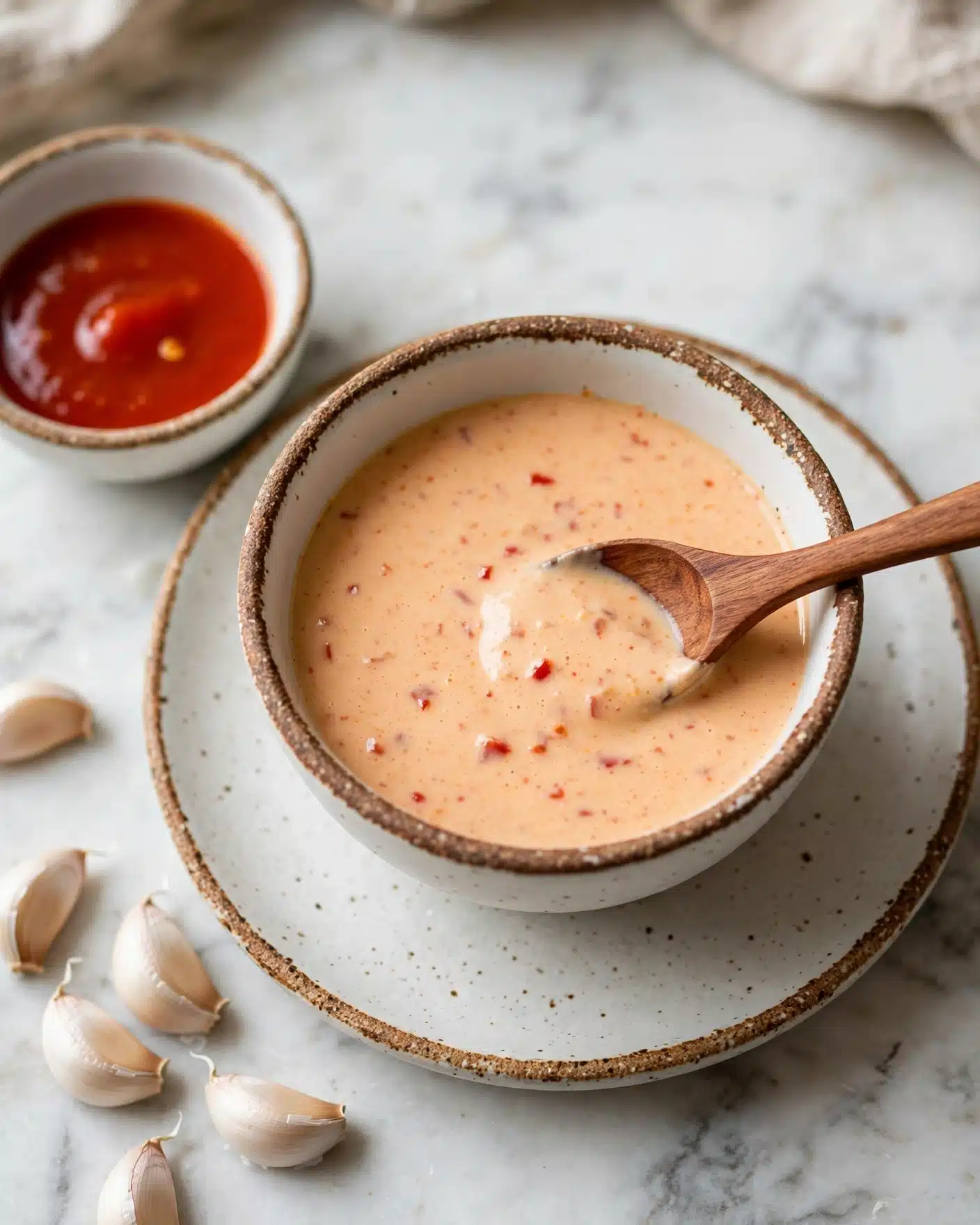 Sweet Chili Aioli Recipe 5 A small white ceramic bowl with a rough, earthy brown rim is filled with a creamy light orange sauce that has tiny red flecks, suggesting a mild spice or chili presence. The bowl sits on a matching white speckled ceramic plate that also carries the same rustic brown edging. A wooden spoon with a smooth, polished texture dips into the sauce from the right side, partially submerged. Nearby on the white marbled surface are whole garlic cloves and a small white bowl with a similar brown rim containing a bright red chili sauce. The setting includes soft natural light, with a cozy, rustic vibe. photo taken with an iphone --ar 4:5 --v 7