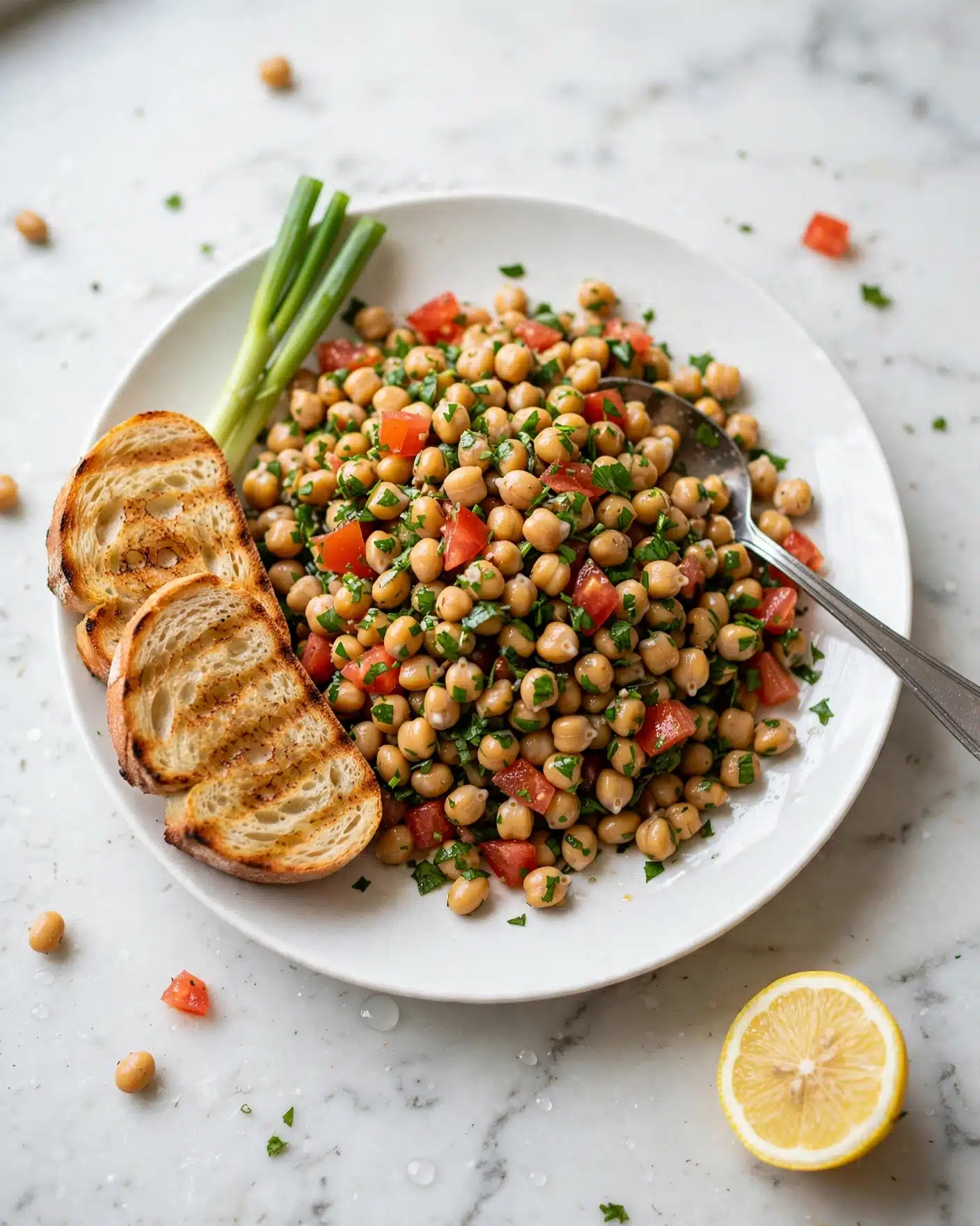 A white plate filled with a salad made of small yellow beans mixed with chopped green herbs and red tomato pieces, giving a colorful and fresh look. A spoon rests on the salad, with its handle stretching out to the right side. On the left side of the plate, there are two pieces of grilled bread and two green onions are placed near the top left corner. A lemon half sits on the bottom right corner, showing bright yellow flesh. The surface underneath is a white marbled texture. Photo taken with an iphone --ar 4:5 --v 7