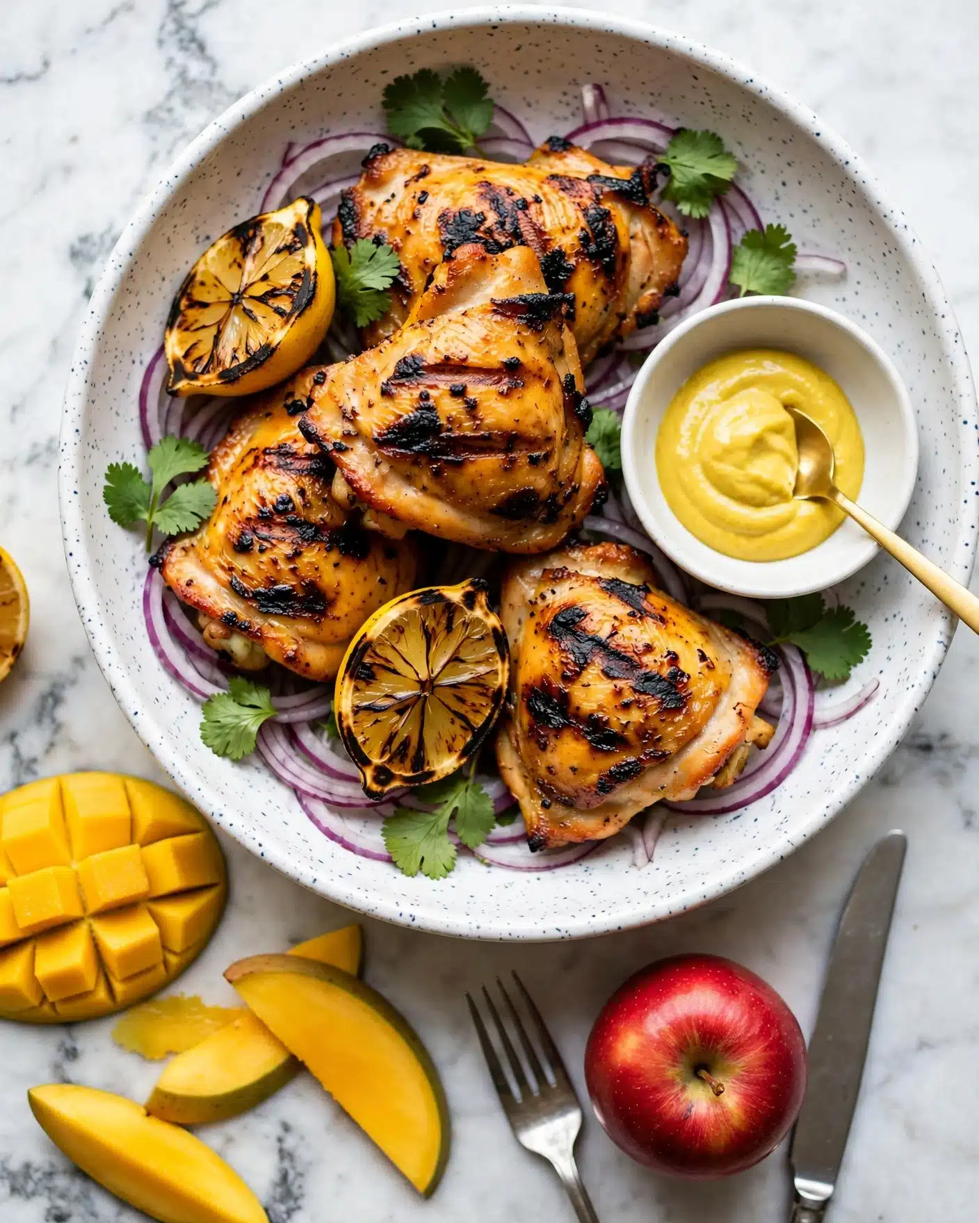 Grilled Mango Lime Chicken Recipe 5 A white speckled bowl filled with several pieces of grilled orange-yellow chicken thighs with black char lines, arranged on a bed of thin purple onion slices and green cilantro leaves. Two grilled lemon halves with dark grill marks are placed among the chicken pieces. A small white bowl containing bright yellow dipping sauce sits on the right side inside the larger bowl with a gold spoon resting in it. A sliced mango and a red apple with a fork and knife lie nearby on a white marbled surface. photo taken with an iphone --ar 4:5 --v 7
