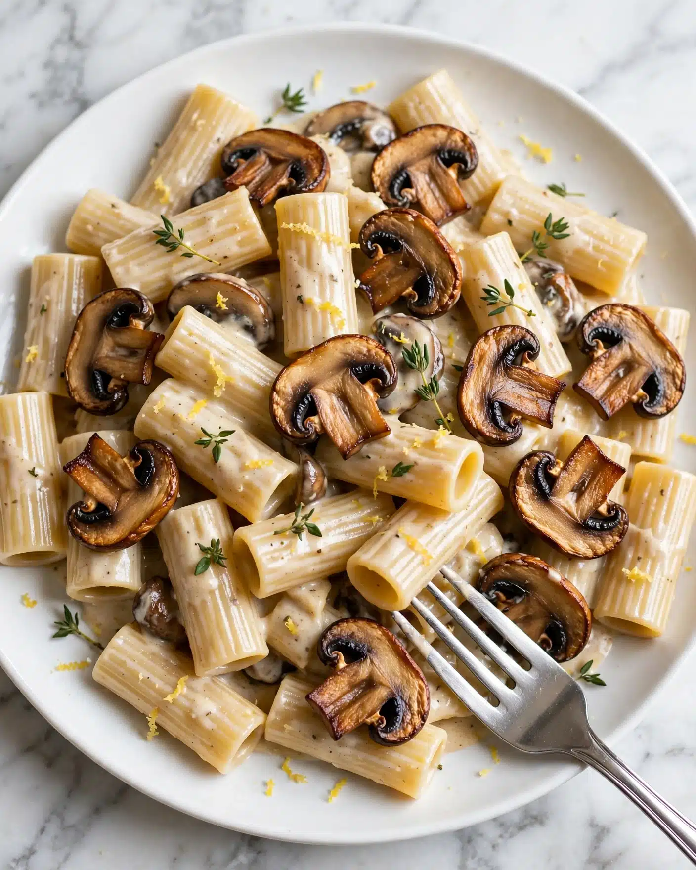 Best Creamy Miso Mushroom Pasta Recipe 5 This image shows a close-up of a white plate with a creamy pasta dish made of rigatoni pasta mixed with browned mushroom slices. The rigatoni are light beige with a smooth sauce coating them, sitting on the plate's surface. Dark golden-brown mushrooms with crisp edges are spread throughout, adding contrast. Small green herb sprigs and tiny yellow lemon zest bits are scattered on top for added color and freshness. A silver fork is positioned at the bottom right, with its prongs resting on the pasta. The background is a white marbled texture. photo taken with an iphone --ar 4:5 --v 7