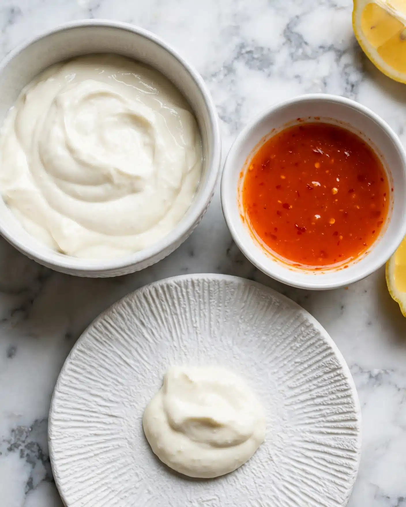 Sweet Chili Aioli Recipe 4 The image shows a close-up of a white ceramic bowl filled with a thick creamy white sauce. Next to it, there is a smaller white bowl with a bright orange-red liquid sauce. Below these bowls, a white textured ceramic plate holds a dollop of the creamy white sauce. In the top right corner, part of a yellow lemon wedge is visible. The background is a white marbled surface. Photo taken with an iphone --ar 4:5 --v 7
