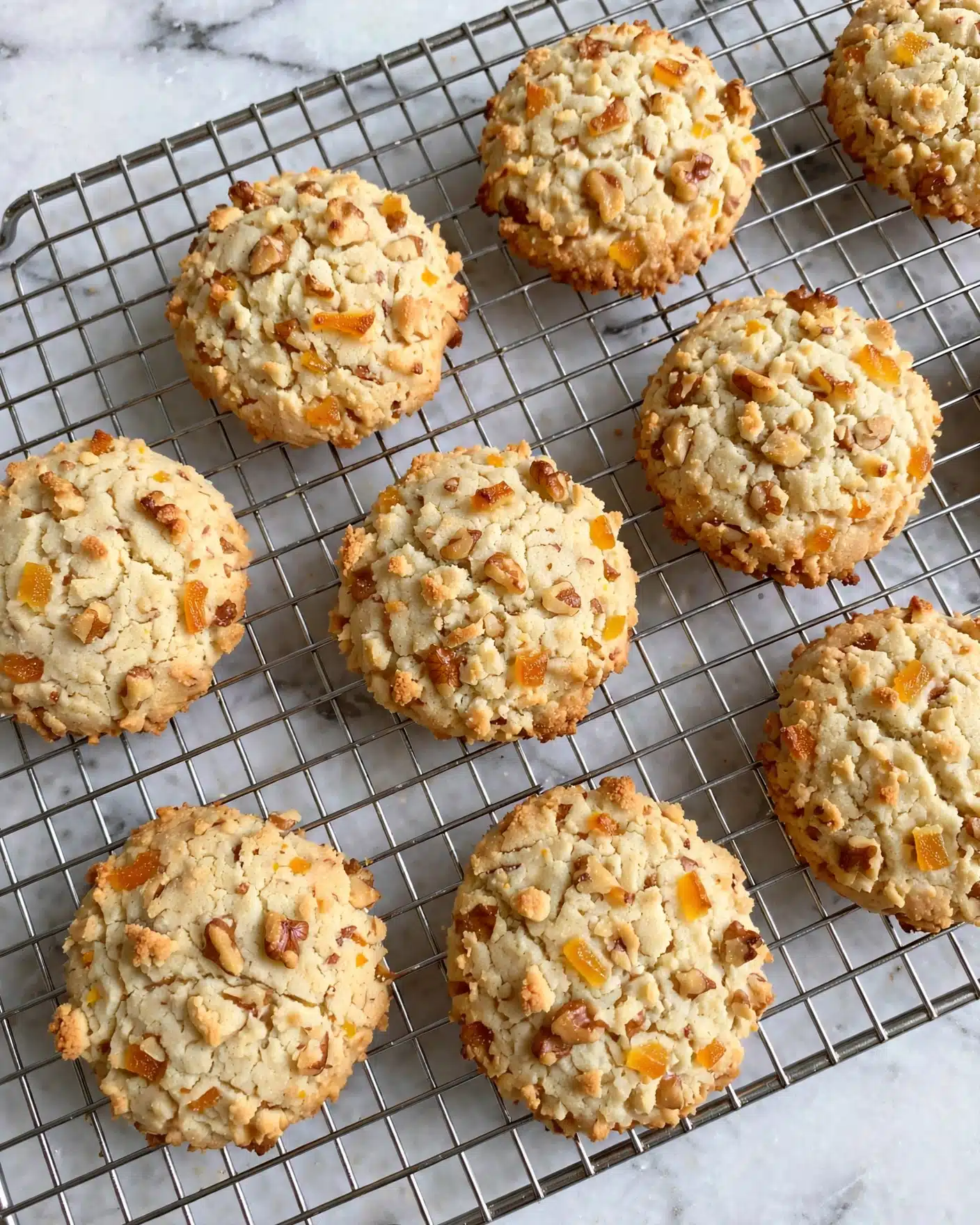 The image shows a collection of round, light beige cookies scattered with small orange and brown bits of dried fruit and nuts. The cookies have a smooth, slightly crumbly texture with rougher edges, and they are placed evenly on a silver metal cooling rack. The background features a white marbled texture, which contrasts softly with the warm colors of the cookies, highlighting their details clearly. photo taken with an iphone --ar 4:5 --v 7