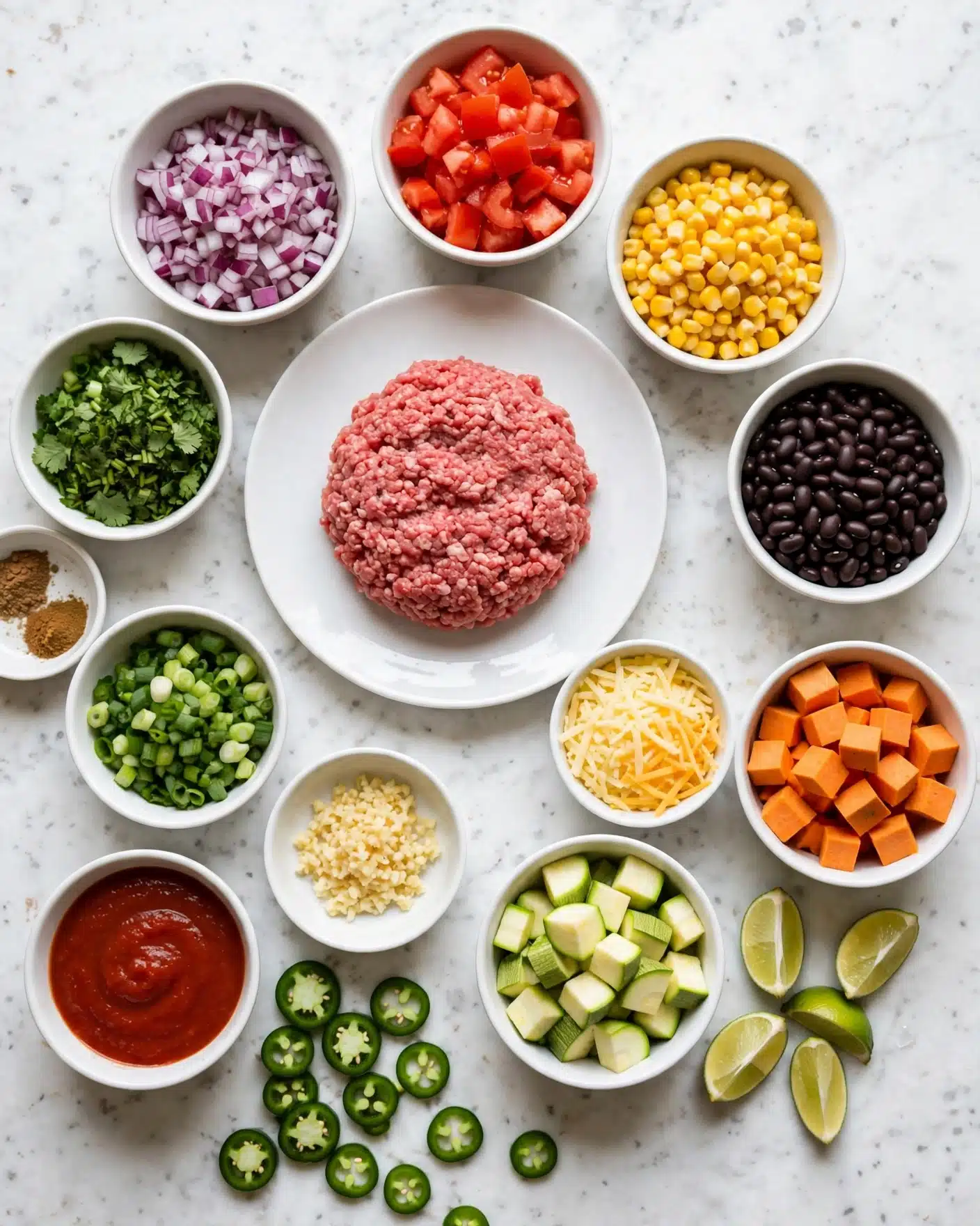 This image shows various ingredients arranged neatly on a white marbled surface. In the center, there is a single layer of raw ground meat on a white plate, with a rough pink texture. Surrounding it are multiple small white bowls containing colorful chopped vegetables and other ingredients: finely chopped red onions with a purple shade, diced red tomatoes, bright yellow corn kernels, black beans, orange cubed sweet potatoes, light green zucchini pieces, minced garlic with a pale yellow shade, chopped green onions, fresh chopped cilantro with dark green leaves, a small amount of brown spice powder, shredded light yellow cheese, and a few lime wedges at the bottom right. A bowl of red tomato sauce is visible at the bottom left. Some fresh green sliced jalapeño peppers are scattered nearby. The overall layout is tidy, with each ingredient clearly visible. photo taken with an iphone --ar 4:5 --v 7