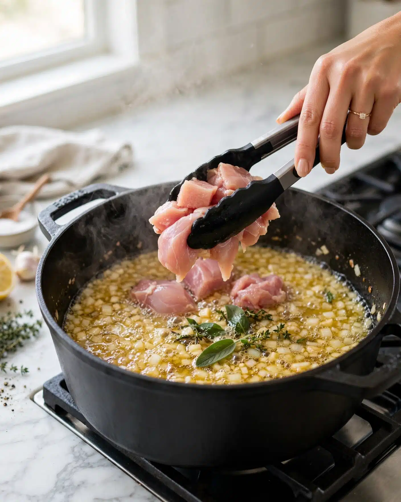 Avgolemono Soup (Greek Lemon Chicken and Rice Soup) Recipe 4 In the image, a large black cooking pot sits on a stove with a white marbled surface underneath. Inside the pot, a bubbling yellow mixture of small diced onions or garlic fills most of the space, with some green leaves visible near the center. A woman’s hand wearing a ring is holding black tongs, adding raw pink chicken pieces into the mixture. The whole scene shows the cooking process with steam rising in a bright kitchen setting. Photo taken with an iphone --ar 4:5 --v 7
