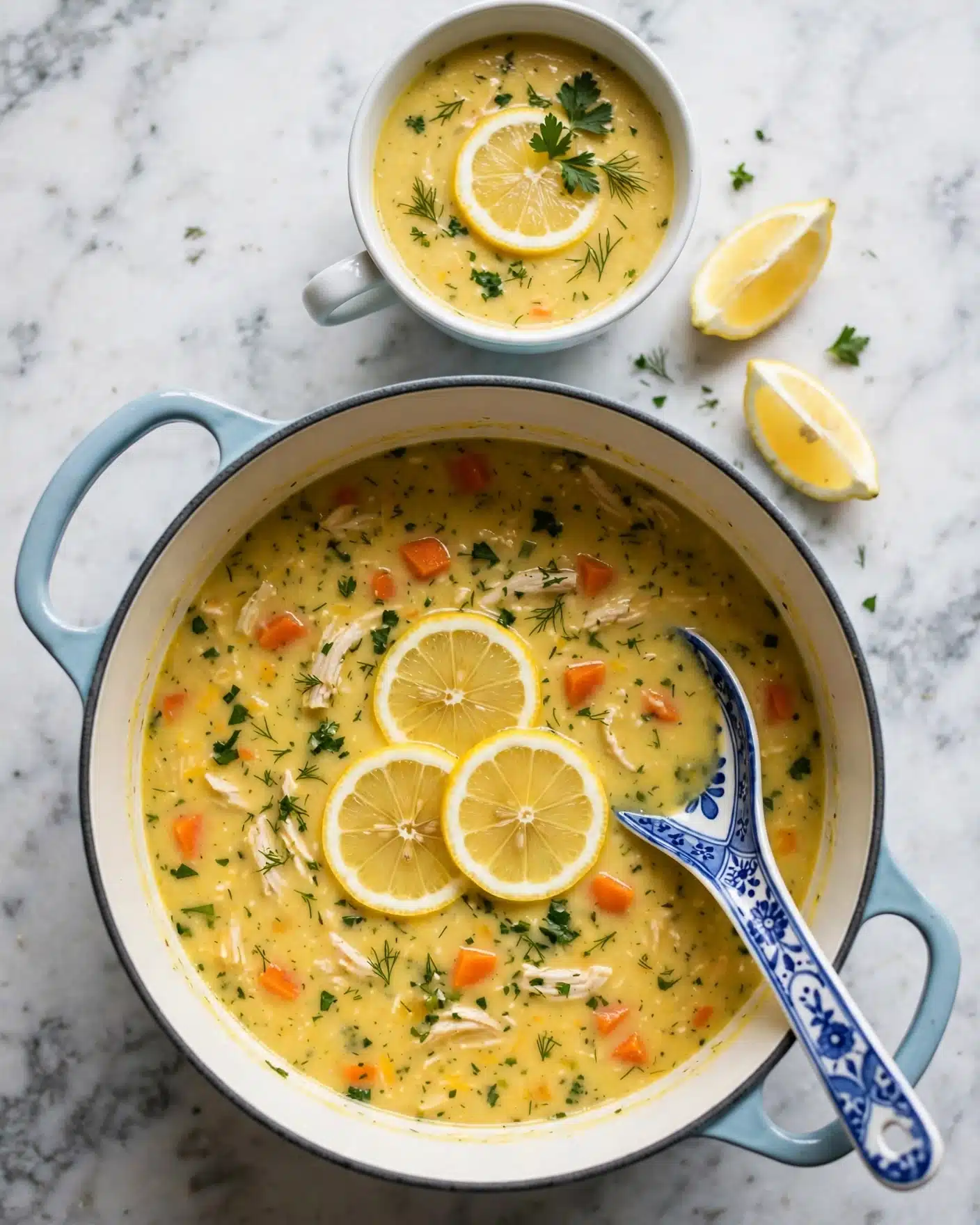 Avgolemono Soup (Greek Lemon Chicken and Rice Soup) Recipe 5 A large white pot with light blue handles holds a yellow soup filled with shredded chicken, diced carrots, and herbs, topped with three lemon slices arranged in the center. A decorative blue and white spoon rests on the right edge of the pot, partially dipped in the soup. Above the pot, there is a white cup filled with the same soup, also garnished with a lemon slice and some herbs. Two lemon wedges lie on the white marbled surface near the cup. The soup's texture looks smooth with visible small chunks of chicken and carrot scattered evenly throughout. photo taken with an iphone --ar 4:5 --v 7