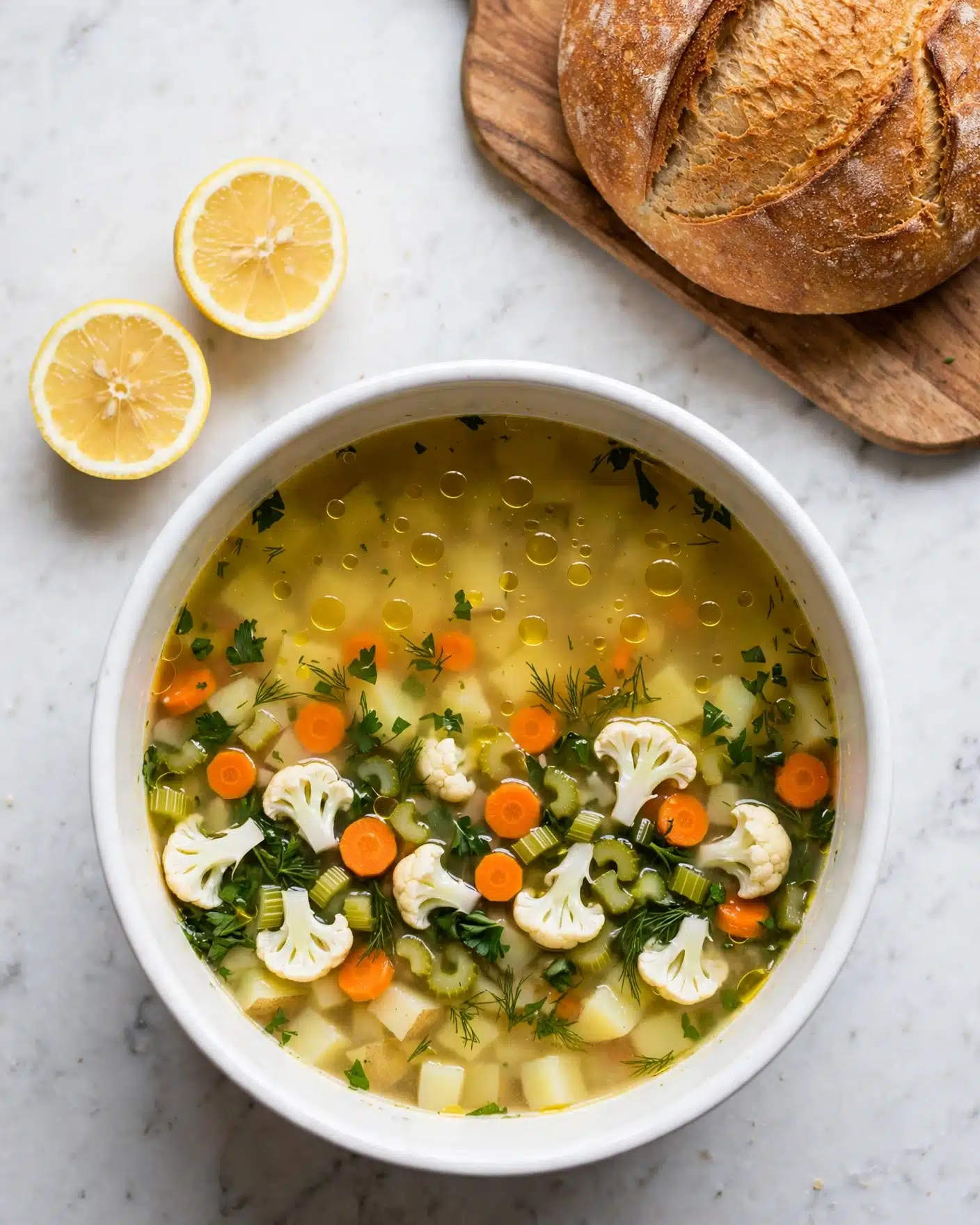 A close-up view of a vegetable soup filled with three main layers: the top layer is a clear golden yellow broth, the middle layer includes bright orange carrot slices cut into round shapes, light green celery chunks with a firm texture, and small white cauliflower florets scattered in between, and the bottom layer has dark green leafy herbs floating throughout. The mixture looks fresh with tiny bubbles and herbs mixed in, all resting on a white marbled surface. photo taken with an iphone --ar 4:5 --v 7