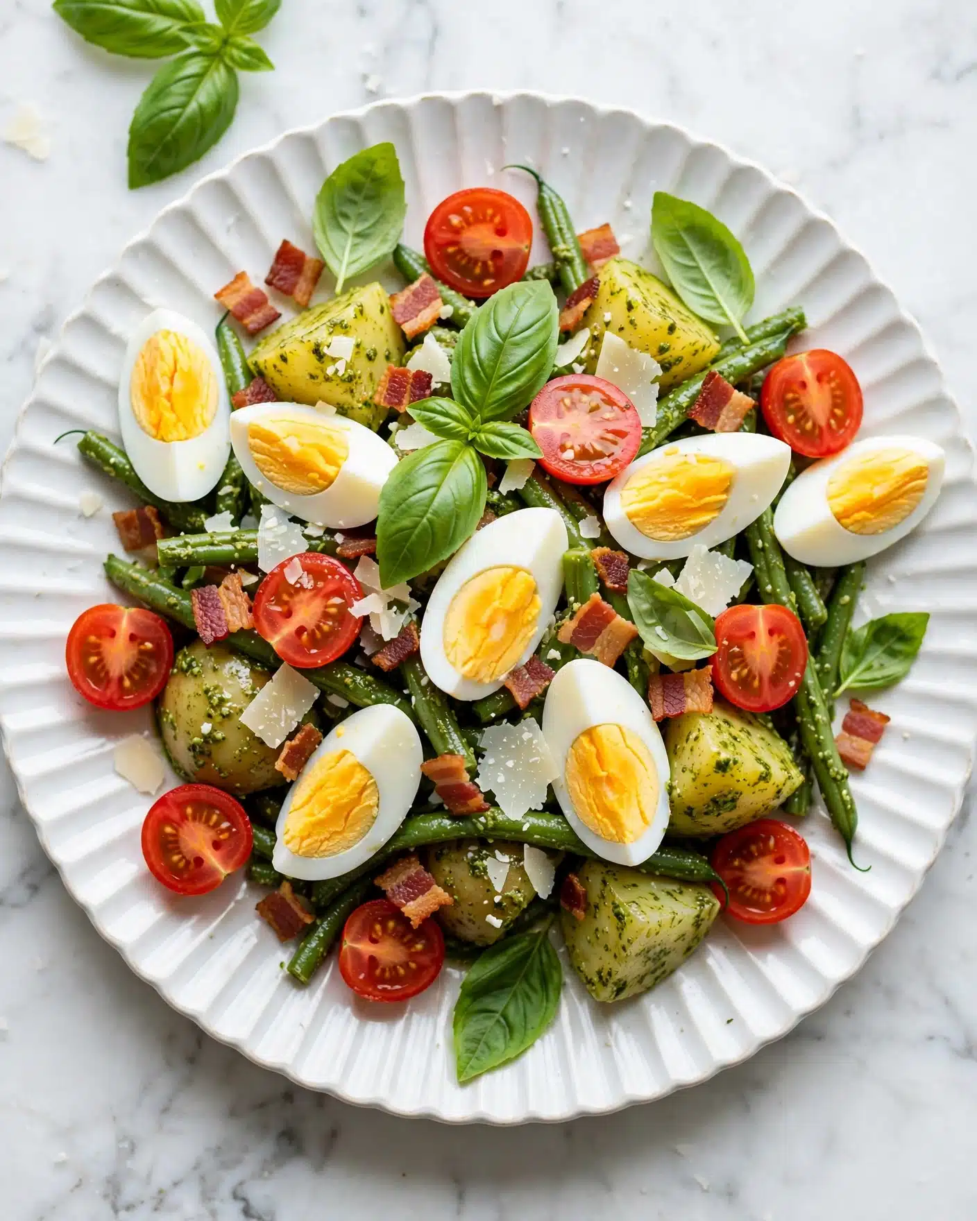 Pesto Potato Salad with Green Beans, Cherry Tomatoes, and Crispy Prosciutto Recipe 5 The dish is shown on a round white plate with a fluted edge, placed on a white marbled surface. It has multiple layers of food: a base layer of chopped yellow potatoes mixed with green beans coated in green pesto sauce, scattered halved red cherry tomatoes adding bright red color, quartered pieces of hard-boiled eggs with white and yellow layers, and thin brown crispy bacon pieces. Fresh green basil leaves are placed on top and around the plate, with some shards of white cheese sprinkled over the salad for added texture. Photo taken with an iphone --ar 4:5 --v 7