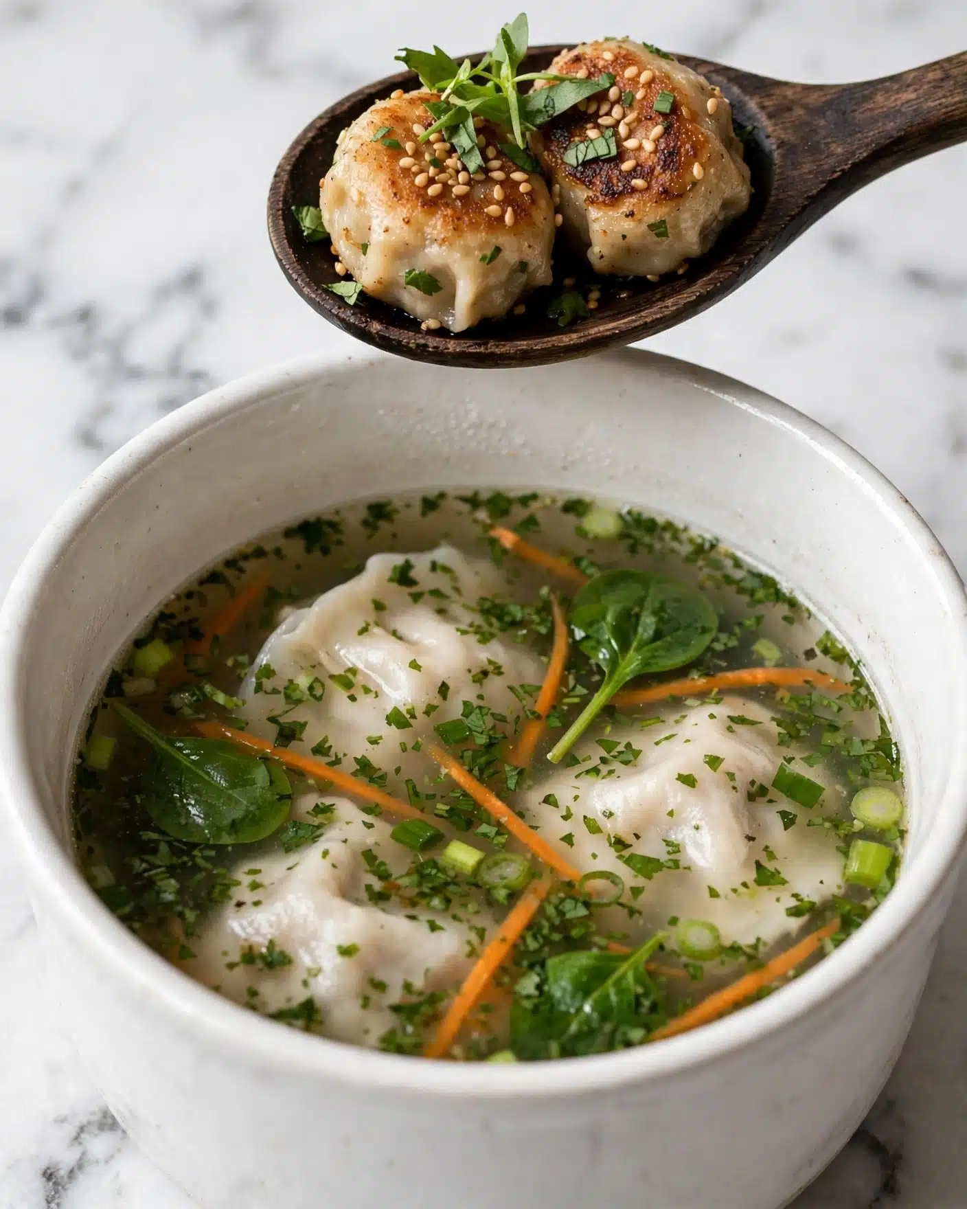 Potsticker Soup Recipe 5 A close-up view of a white pot filled with clear broth soup, showing soft dumplings floating in the soup. The soup contains finely chopped green herbs, spinach leaves, thin orange carrot strips, and small pieces of green onion, giving the broth a fresh and colorful look. Two lightly browned dumplings with sesame seeds and greens rest on a dark wooden spoon held above the pot. The background surface is a white marbled texture. photo taken with an iphone --ar 4:5 --v 7