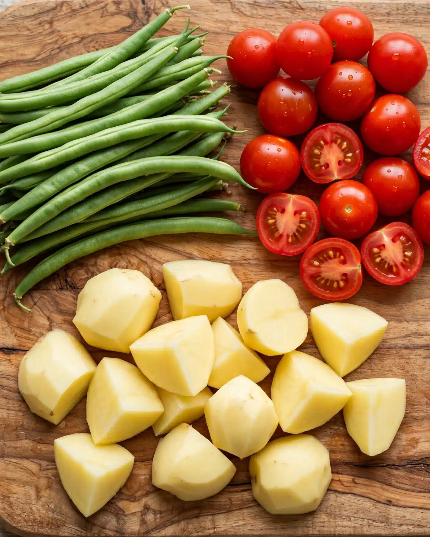 Pesto Potato Salad with Green Beans, Cherry Tomatoes, and Crispy Prosciutto Recipe 4 The image shows three groups of fresh vegetables on a wooden board. On the top left, there are long, thin green beans stacked together, showing a smooth texture. On the top right, there are bright red cherry tomatoes, some whole and some cut in half, revealing their juicy inside with small seeds. The bottom half is filled with pale yellow potato pieces, peeled and chopped into different sized chunks with a smooth surface. The wooden board has a warm brown color and a natural grain pattern. photo taken with an iphone --ar 4:5 --v 7
