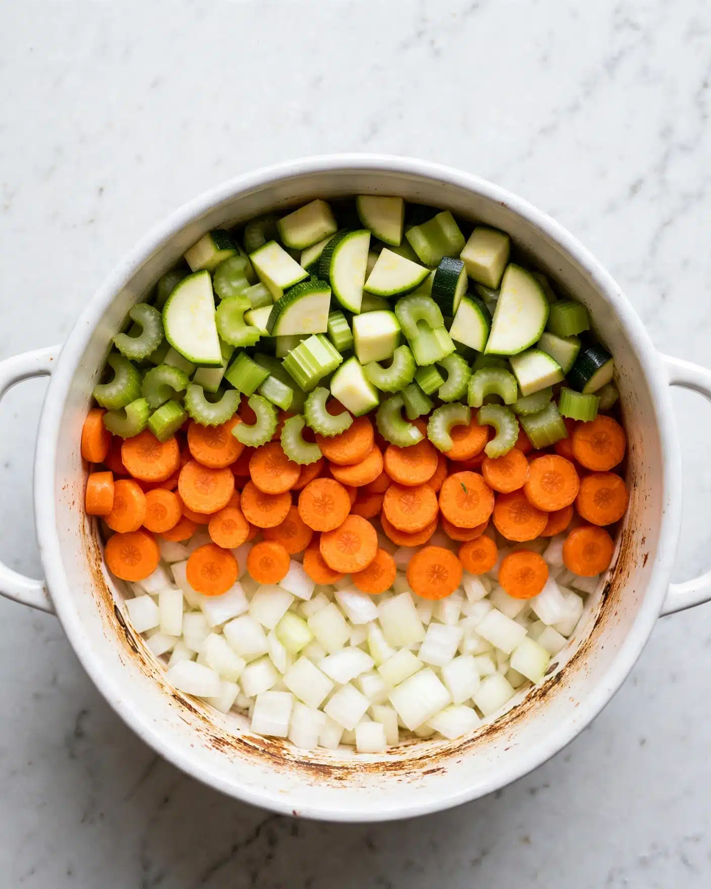 A white pot filled with several layers of chopped vegetables on a white marbled texture surface. The bottom layer is diced white onions, the middle layer has bright orange carrot slices, and the top layer consists of small, chopped white celery pieces mixed with some green zucchini slices. The pot has handles visible on each side, and the interior of the pot shows a bit of light brown cooking marks near the bottom edges. Photo taken with an iphone --ar 4:5 --v 7