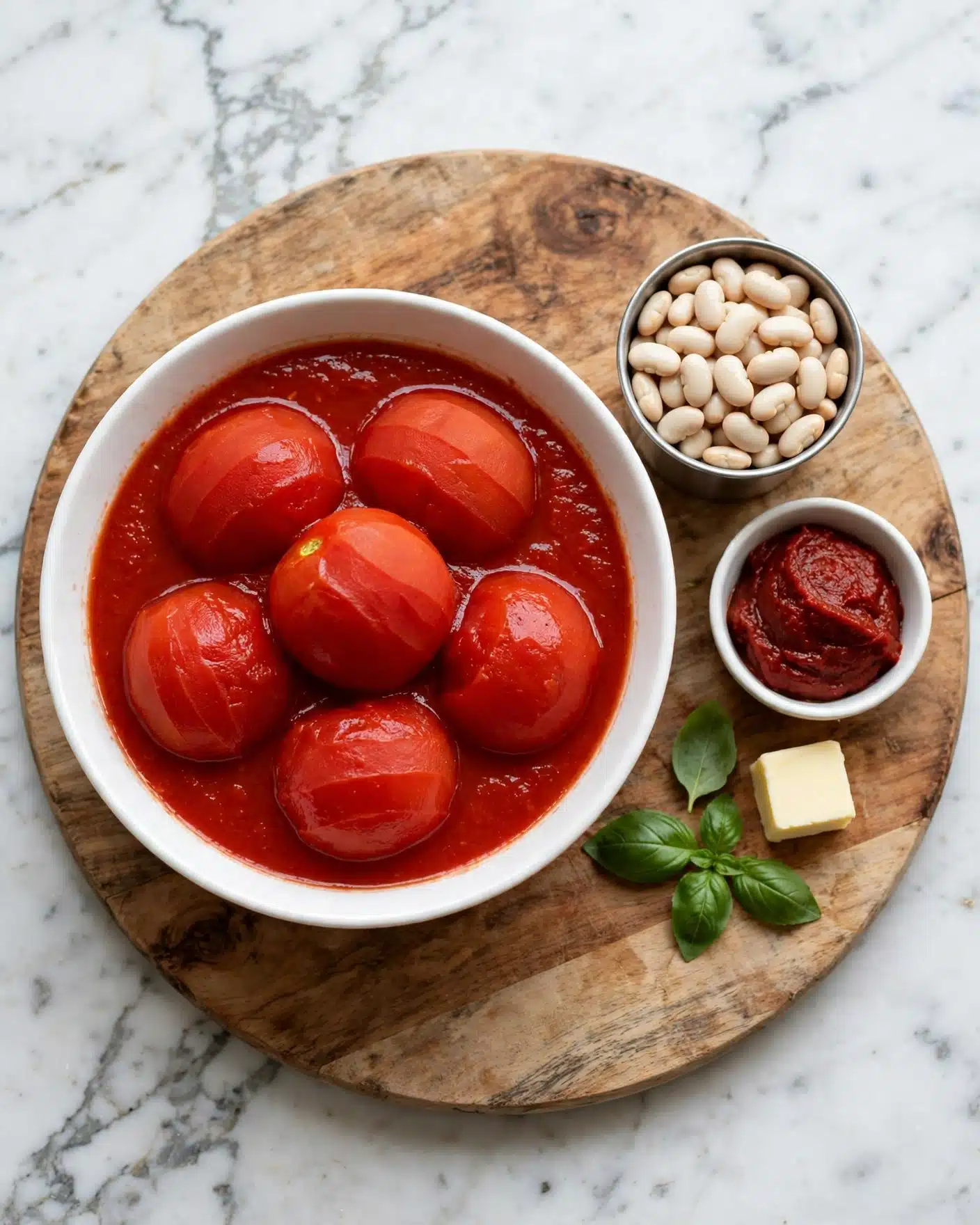 The Best Homemade Tomato Soup Recipe 4 A white bowl filled with several whole peeled tomatoes sitting in thick red tomato juice is placed in the center of a round wooden board with natural wood grain. Next to the bowl, on the right side of the board, there is a metal container filled with white beans, a small white bowl with dark red tomato paste, a small white cube of butter, and a few fresh green basil leaves. The background is a white marbled surface. photo taken with an iphone --ar 4:5 --v 7