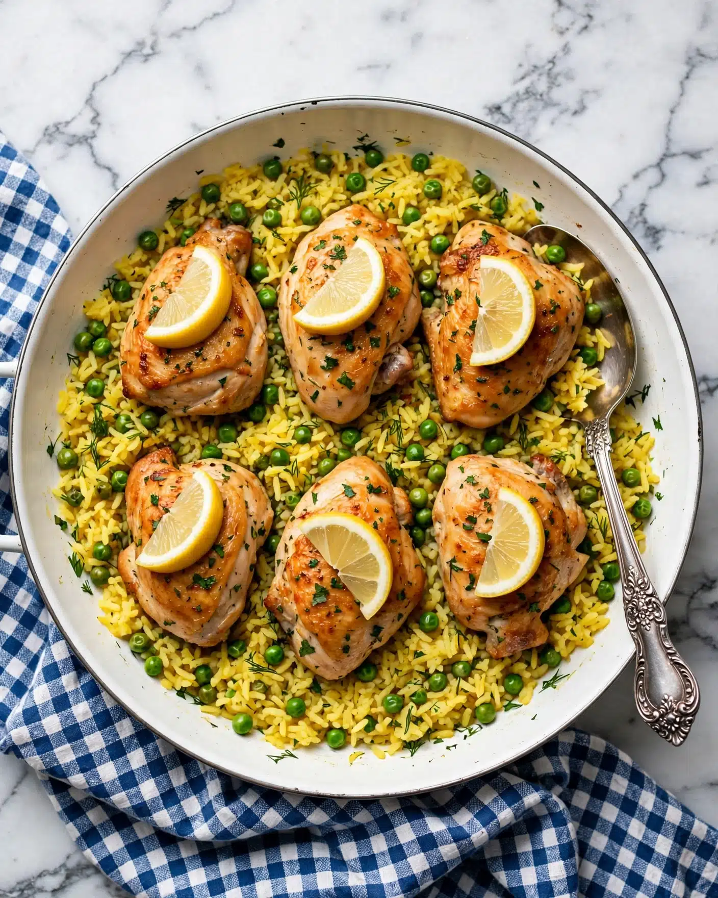 Easy One-Pan Lemon Parmesan Chicken & Orzo Recipe 5 A white pan filled with a bed of yellow rice mixed with green peas and small herbs forms the base layer, topped with six cooked chicken pieces that are golden brown with a light sprinkle of herbs. On top of each chicken piece, there are bright yellow lemon wedges placed evenly around the dish, adding contrast and freshness. A silver ornate serving spoon rests on the edge of the pan, which sits on a white marbled surface partially covered by a blue and white checkered cloth. Photo taken with an iphone --ar 4:5 --v 7