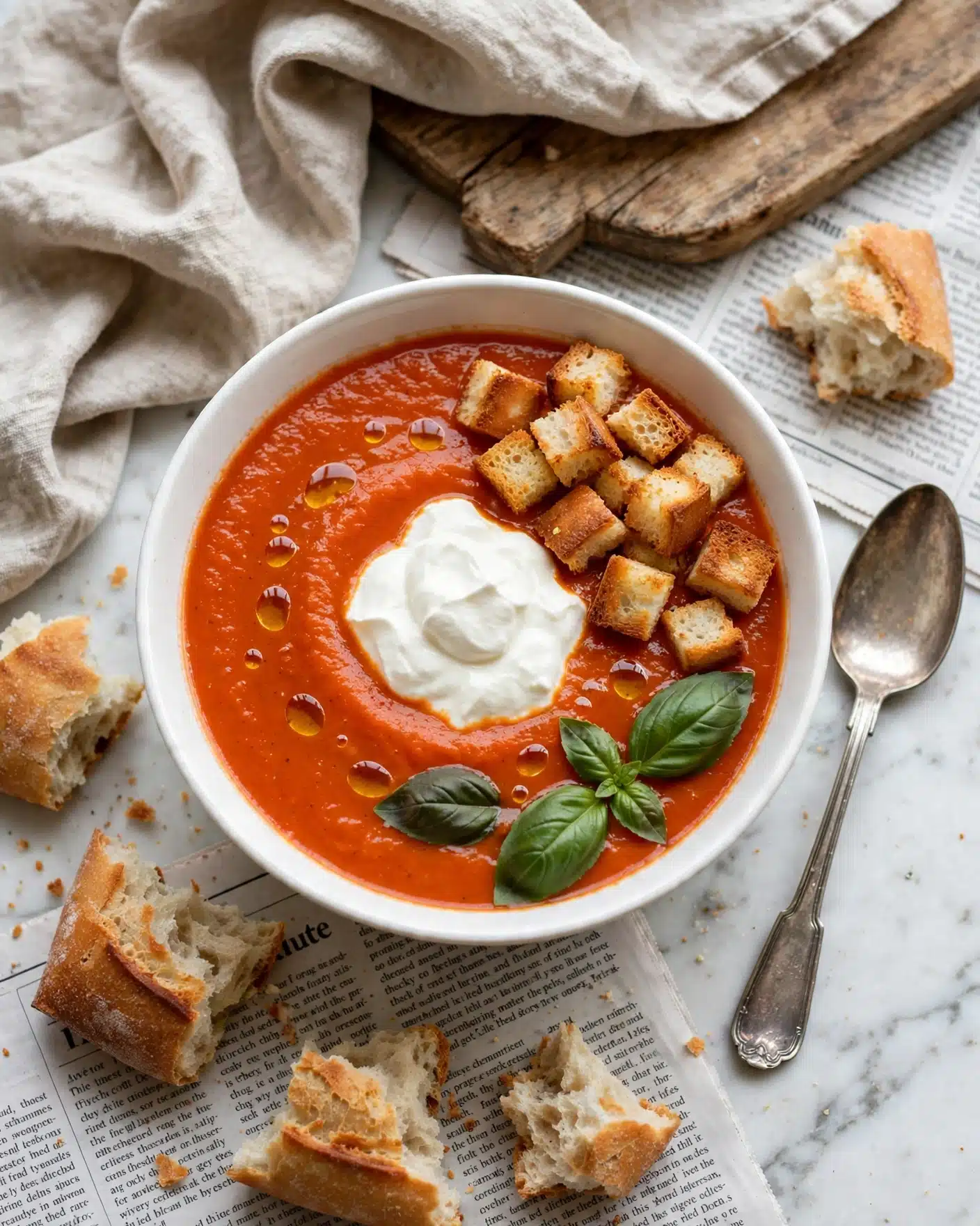 The Best Homemade Tomato Soup Recipe 5 A white bowl sits on a white marbled surface with torn pieces of bread, topped with a creamy dollop of white sour cream or yogurt in the center. Surrounding it is a smooth, thick, bright orange-red soup. On top of the soup are golden-brown toasted bread croutons scattered mainly to one side, and several dark green fresh basil leaves resting near the edge. There are small drops of olive oil glistening on the soup surface. In the background, a crumpled beige cloth and a wooden board with cloth on it add texture, while torn bread pieces lie nearby on newspaper sheets. A vintage silver spoon is placed to the right of the bowl. photo taken with an iphone --ar 4:5 --v 7