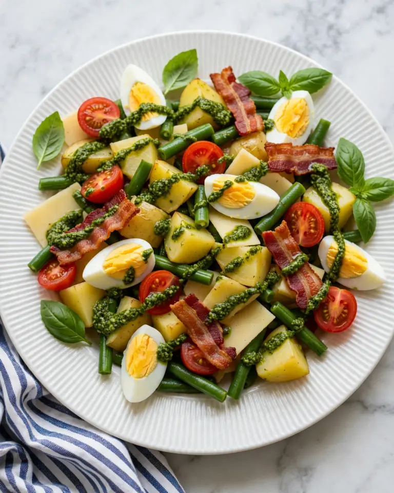 Pesto Potato Salad with Green Beans, Cherry Tomatoes, and Crispy Prosciutto Recipe