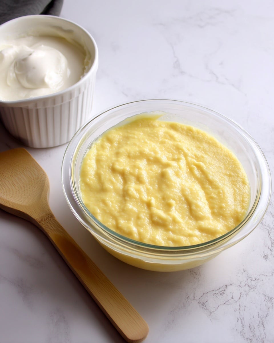 A clear glass bowl sits on a white marbled surface, filled with a thick, creamy yellow mixture with a smooth but slightly lumpy texture, covering the bowl evenly. To the left, there is a white container filled with white cream, partially out of the frame. A wooden spatula with a light wood texture and a rounded edge lies flat on the surface near the bowl, and there is a dark fabric underneath it, adding contrast to the scene. The lighting softly highlights the textures of the mixture and utensils, creating a calm kitchen mood. photo taken with an iphone --ar 4:5 --v 7