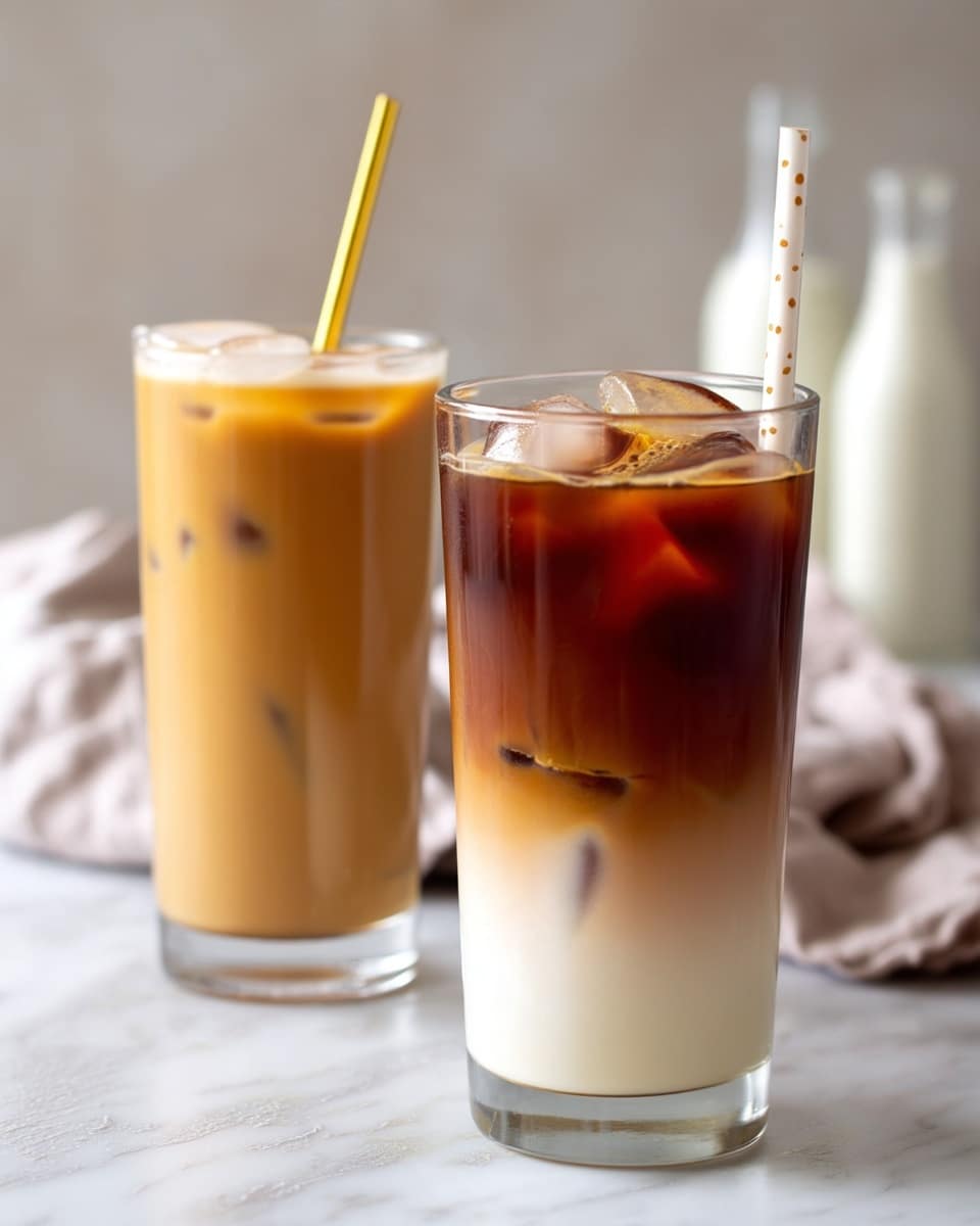 Two tall clear glasses of iced coffee sit on a white marbled surface. The glass in the front has three layers: a bottom white milk layer, a middle dark brown coffee layer, and large ice cubes floating on top, with light froth near the edge; it has a white straw with golden dots. The glass in the back is mostly a uniform creamy light brown color with ice cubes visible inside, and a shiny yellow straw. In the background, there is a softly blurred beige cloth and two clear small bottles, one with white liquid inside. photo taken with an iphone --ar 4:5 --v 7