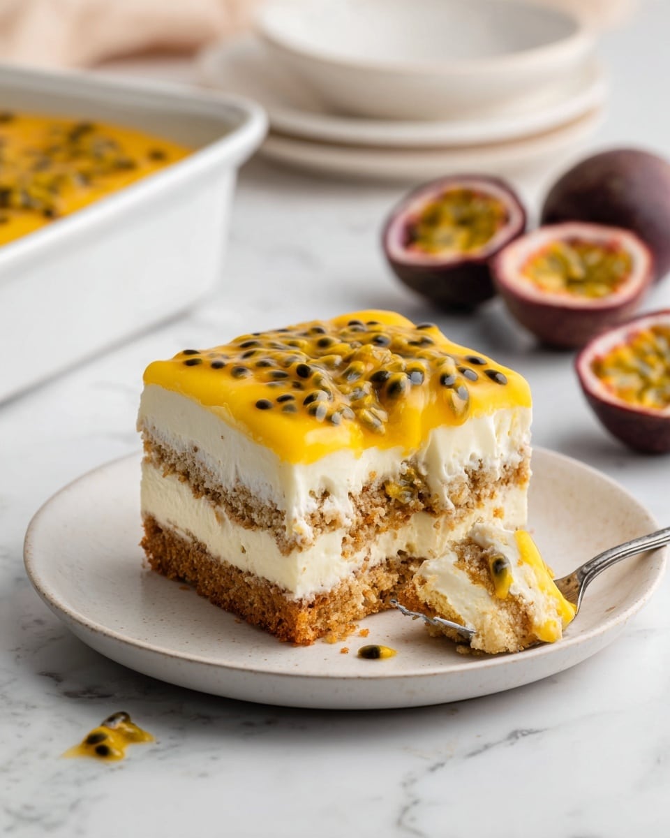 A close-up of a square piece of layered creamy dessert with two sponge layers and a light yellow cream layer mixed with passion fruit seeds in between, all topped with a bright yellow passion fruit glaze dotted with black seeds. The dessert piece is lifted by a metal spatula with a wooden handle over a white dish filled with the same yellow passion fruit glaze spilling around. The background includes a few halved passion fruits and whole passion fruits in a white bowl, all placed on a white marbled surface. A woman's hand is holding the spatula. Photo taken with an iphone --ar 4:5 --v 7