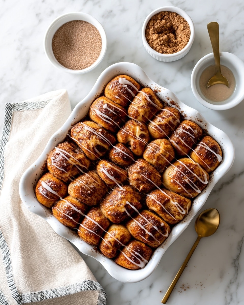 The image shows a white scalloped rectangular baking dish filled with many small, golden-brown rolls that are covered with a dark cinnamon sugar coating and drizzled with a light icing glaze. The rolls are closely packed in the dish, with textured surfaces showing the cinnamon and sugar mix dusted on top. Around the dish, there are two small white bowls, one filled with cinnamon sugar and the other empty with a golden spoon inside. A folded cream-colored cloth with a gray stripe lies nearby on a white marbled surface. Photo taken with an iphone --ar 4:5 --v 7