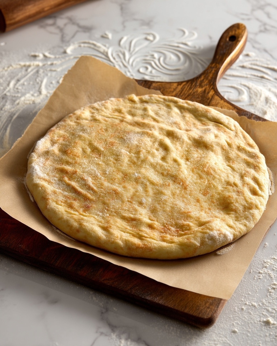 A single, round flat dough layer with a light brown color and slightly rough texture lies flat on a piece of brown parchment paper. The dough is placed on a wooden pizza peel with a dark brown handle. The scene is set on a white marbled surface with scattered flour and faint, decorative swirls. The dough appears soft and evenly shaped, with subtle dimples across its surface. Photo taken with an iphone --ar 4:5 --v 7