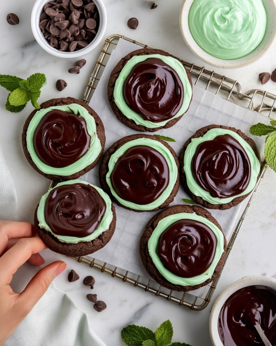 Six round chocolate cookies lie on a square white parchment paper over a cooling rack, arranged in two rows of three. Each cookie has two layers on top: a thick, smooth light green frosting layer directly on the cookie and a glossy dark chocolate layer swirled on top of the green frosting, leaving a green border around the dark center. Around the cooling rack, there are chocolate chips scattered, a small white bowl filled with dark chocolate, and a white bowl with light green frosting. Fresh mint leaves and a white marbled surface create a clean, fresh background. A woman's hand is reaching in from the left side near one cookie. Photo taken with an iphone --ar 4:5 --v 7