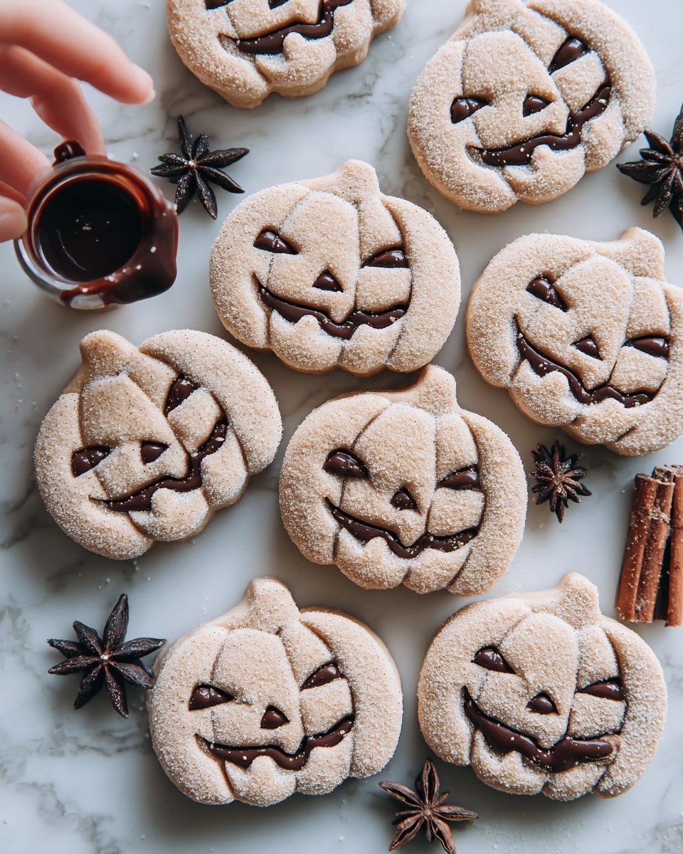 The image shows several light beige pumpkin-shaped cookies arranged closely on a white marbled surface. Each cookie has a rough sugar coating and carved faces with eyes, nose, and mouth, some of which are filled with dark chocolate details. Around the cookies are star anise and cinnamon sticks adding rustic elements. On the left bottom corner, a woman's hand is holding a cookie partially dipped in shiny melted dark chocolate, creating a contrast in texture and color. Photo taken with an iphone --ar 4:5 --v 7