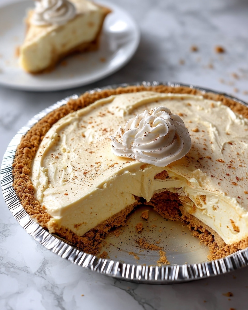 A creamy pie with three layers is shown in a silver foil pan on a white marbled surface. The bottom layer is a thick, crumbly light brown crust, above it is a pale yellow smooth creamy layer, topped with a thicker layer of light whipped cream. There is one slice missing from the pie, exposing the layers clearly. Some cookie crumbs and the pie filling stick to the empty part in the pan. A swirl of whipped cream with a light dusting of brown spice sits at the top center of the pie. A white plate with the same pie slice is placed nearby. The photo is taken with an iphone --ar 4:5 --v 7