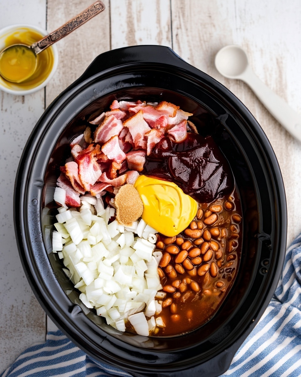 A black slow cooker bowl holds five distinct layers: in the bottom right, glossy brown baked beans with sauce; to the bottom left, a large pile of finely chopped white onions; above the beans, a smooth dollop of yellow mustard; next to the mustard, dark brown bbq sauce with a shiny surface; and filling the top left half, thick pieces of cooked pinkish bacon with crispy edges. Small light brown brown sugar is placed between mustard and onions. The bowl is on a white marbled surface with a white spoon and a small white bowl with yellow sauce on the top left, and a striped blue and white cloth at the lower right, photo taken with an iphone --ar 4:5 --v 7
