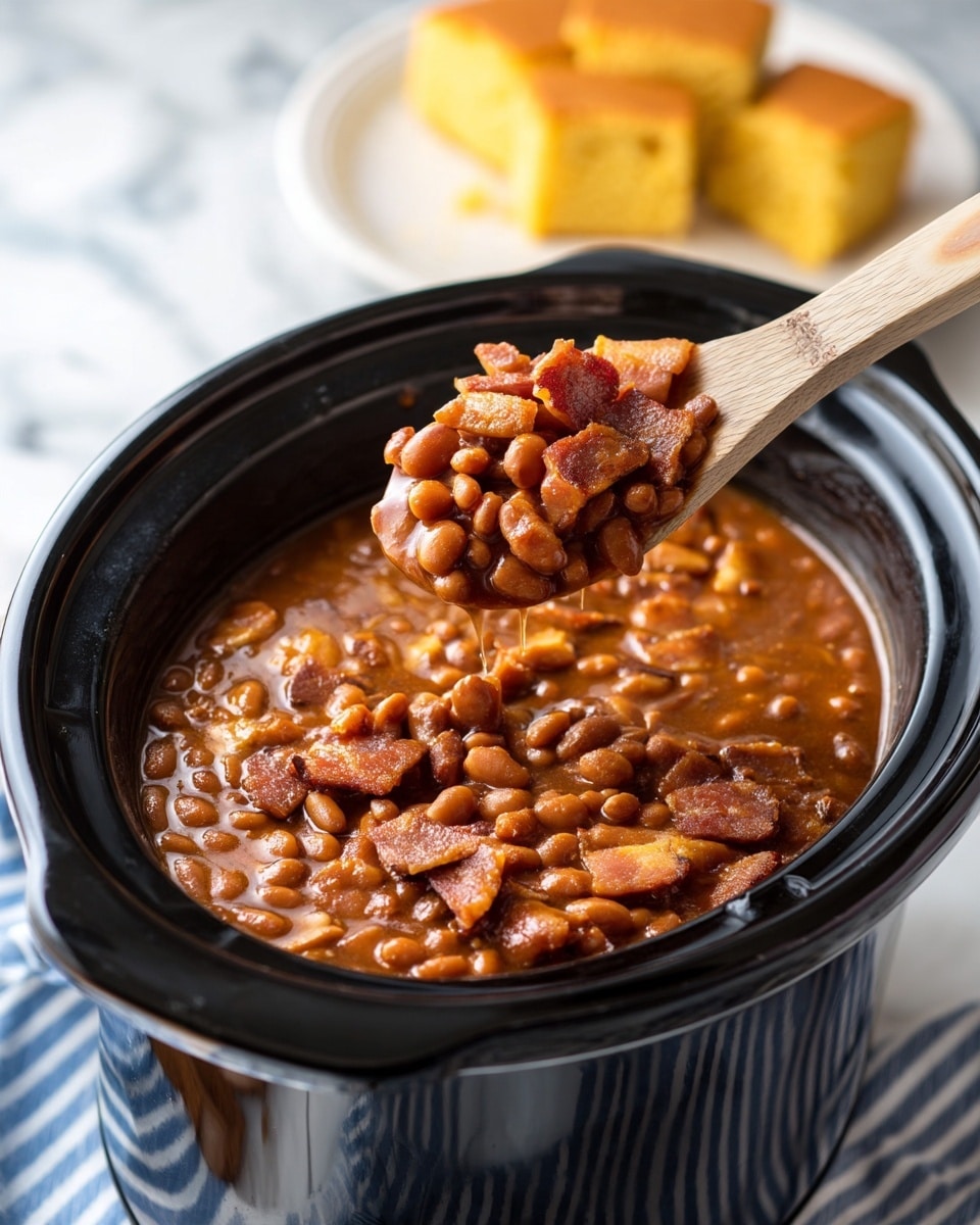 A black slow cooker filled with brown baked beans mixed with pieces of bacon, showing a thick, shiny sauce coating the beans and meat. A wooden spoon is lifting some of the beans and bacon mixture from the cooker, revealing the smooth texture of the sauce and soft beans. The slow cooker is sitting on a white marbled surface with a blue and white striped cloth nearby, and there are pieces of golden cornbread on a white plate next to it. photo taken with an iphone --ar 4:5 --v 7