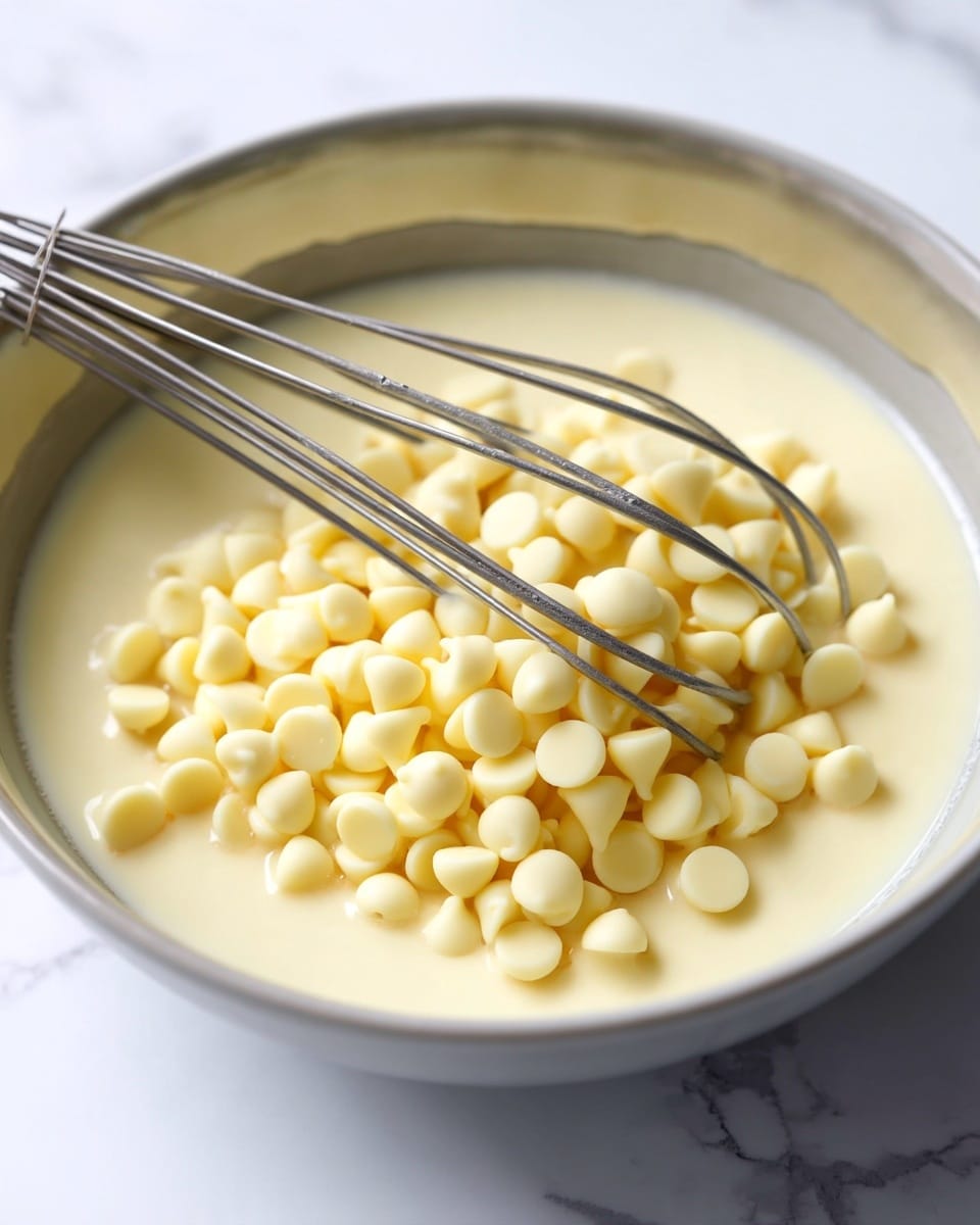 A close-up image shows a bowl with a foamy, light yellow liquid filling the base layer. On top of the liquid, there is a layer of many small, smooth, pale yellow chocolate chips clustered together on the lower part of the bowl. A silver whisk with thin wires lies across the bowl, partially resting on the chocolate chips and liquid, its shiny surface reflecting light. The surface underneath is a white marbled texture. photo taken with an iphone --ar 4:5 --v 7