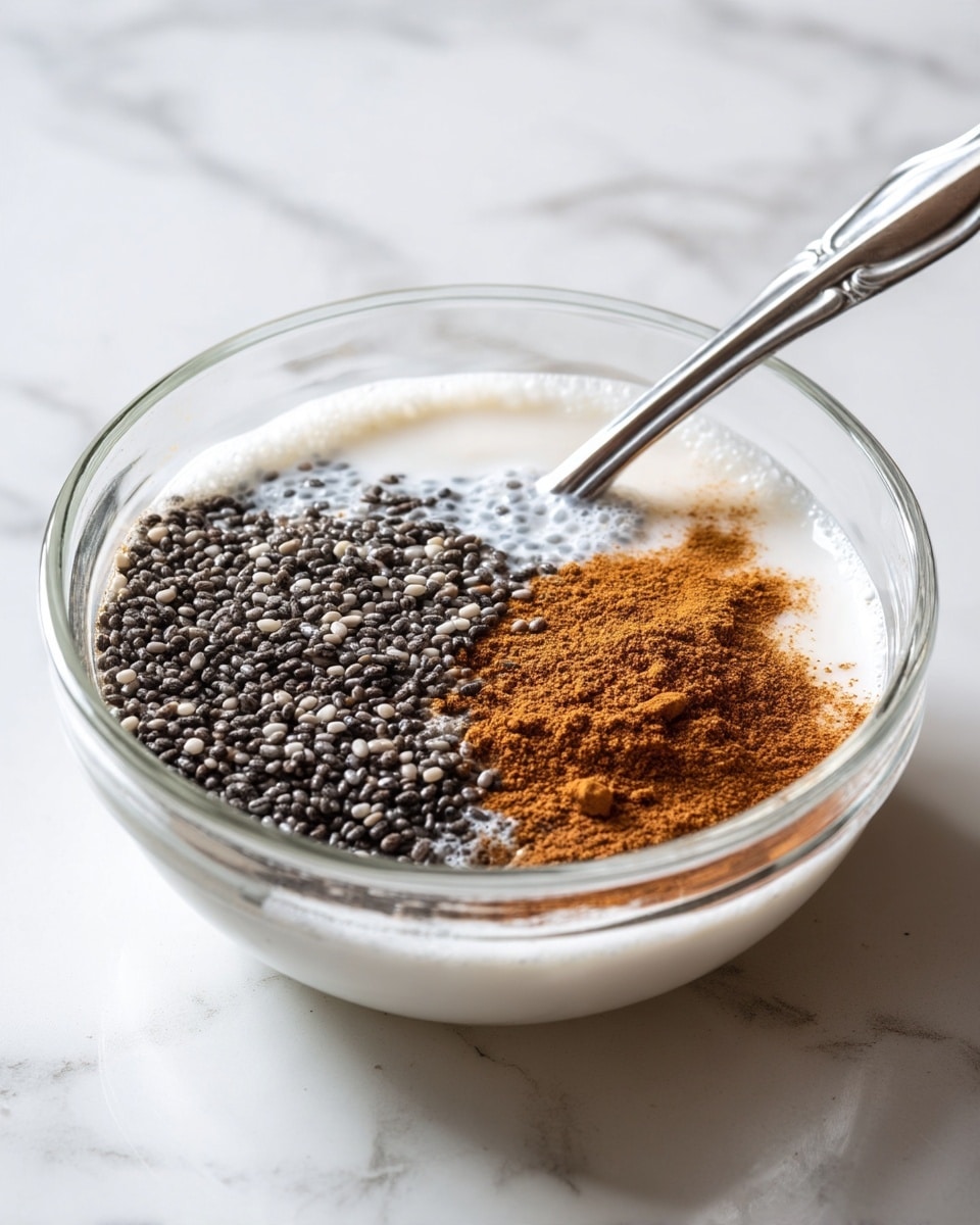 A clear glass bowl sits on a white marbled surface, filled with three visible layers: a foamy white liquid base, a thick layer of black and grey chia seeds clustered on the left side, and rich brown cinnamon powder placed on the right side. A silver spoon rests diagonally in the bowl, partially submerged in the layers. The textures show the contrast between the smooth froth, the grainy chia seeds, and the fine cinnamon powder. photo taken with an iphone --ar 4:5 --v 7