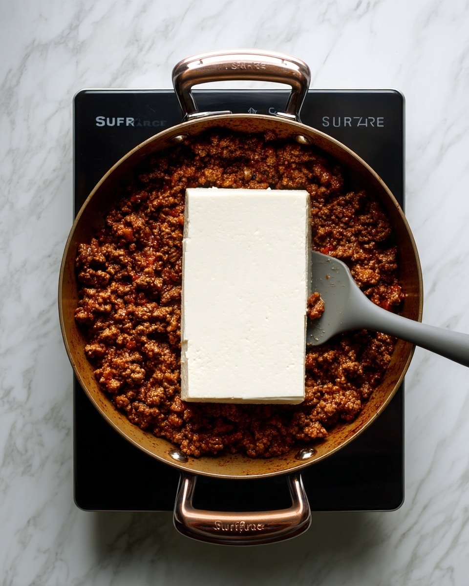 A top view of a round pan with two handles on a white marbled surface, filled with brown cooked ground meat covering most of the pan's bottom; on top, there is a large rectangle block of firm white tofu resting in the center. A gray spatula is partially under the tofu, pushing it gently from the right side. The pan sits on a black cooktop with small text that says