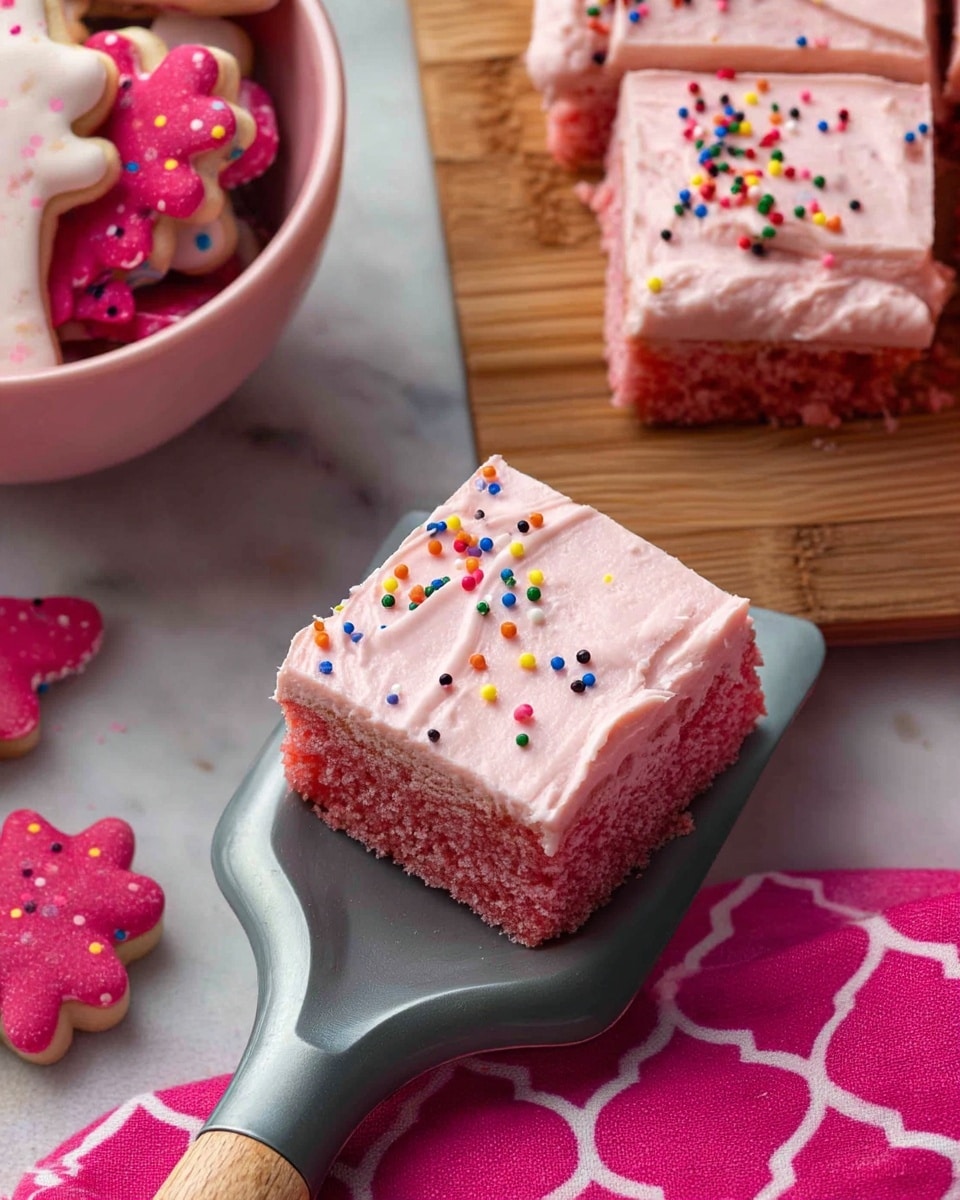 The image shows a single square piece of pink frosted cake with colorful round sprinkles on top, held on a gray spatula with a wooden handle. The cake is cut into layers, with a moist pink cake base and a smooth thick pink frosting on top. Several other similarly sized cake squares are on a wooden board in the upper part of the image. To the left, a bowl filled with pink and white shaped cookies with sprinkles is partially visible. A bright pink patterned cloth is placed near the spatula on a white marbled surface. Photo taken with an iphone --ar 4:5 --v 7