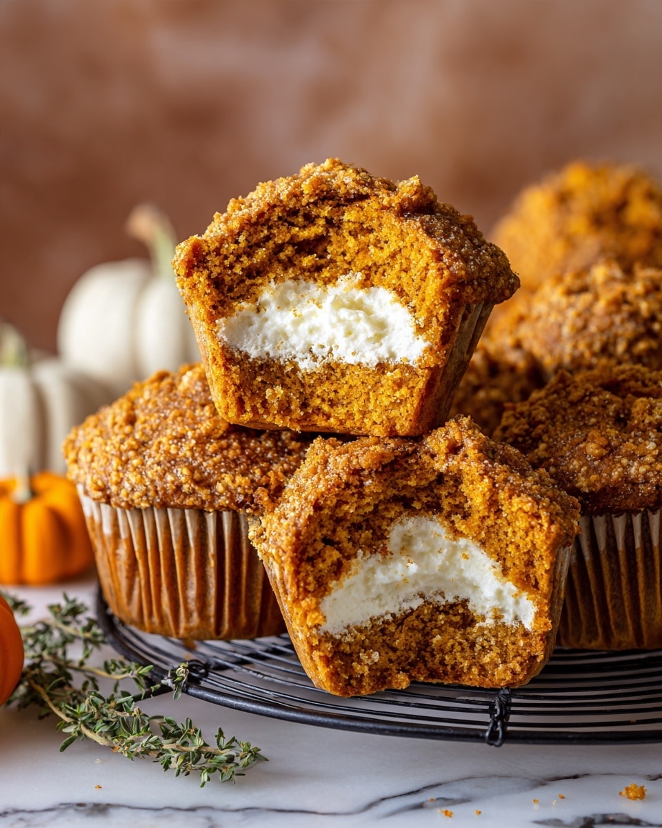 A close-up view of several pumpkin muffins with a golden brown, textured top layer showing small crumbly bits and soft, moist crumb inside. One muffin is torn in half, revealing a smooth, creamy white cheesecake filling inside, creating two clear layers: the orange crumbly pumpkin muffin base and the white creamy center. The muffins sit on a black metal cooling rack with small pumpkins nearby, all presented on a white marbled surface with a blurred soft brown background. Photo taken with an iphone --ar 4:5 --v 7