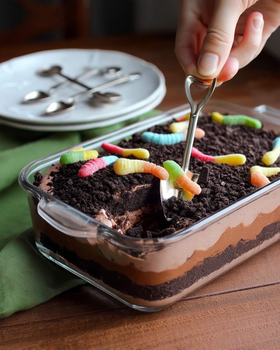 A dessert with three layers in a clear glass dish: the bottom layer is light brown, smooth chocolate pudding, the middle layer is crushed dark cookie crumbs that look like soil, and the top layer shows colorful gummy worms scattered on the cookie crumbs. A woman's hand is holding a small silver shovel spoon, digging into the cookie crumb layer. The dish is on a wooden table with a green cloth in the background and a white plate with small silver shovels nearby, all on a white marbled texture photo taken with an iphone --ar 4:5 --v 7