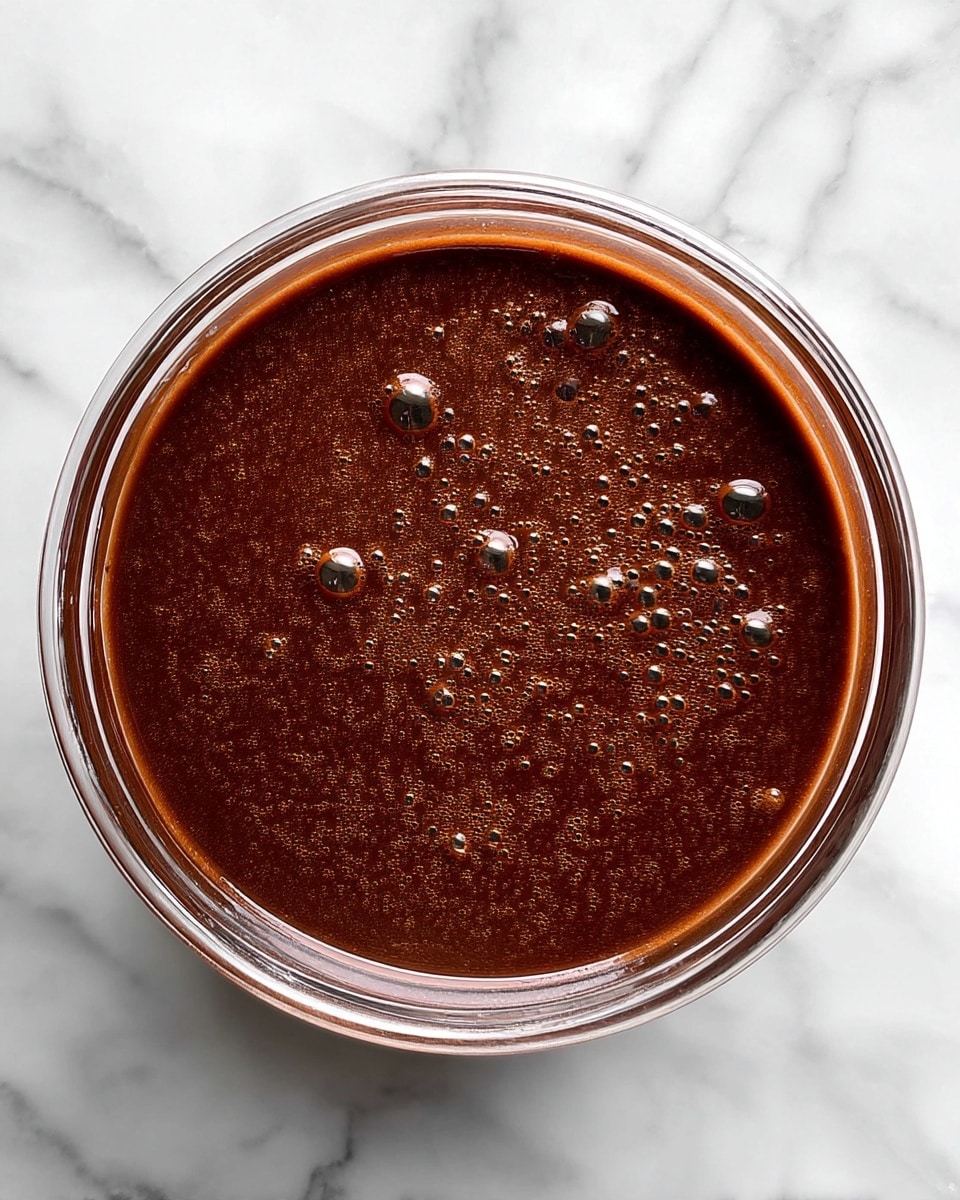 A close-up image of a thick chocolate sauce inside a round glass bowl placed on a white marbled surface. The sauce is dark brown with a smooth texture showing small bubbles scattered on the surface. The bowl's rim is visible near the top edge of the image, and the sauce fills most of the bowl, creating a shiny, reflective surface. photo taken with an iphone --ar 4:5 --v 7