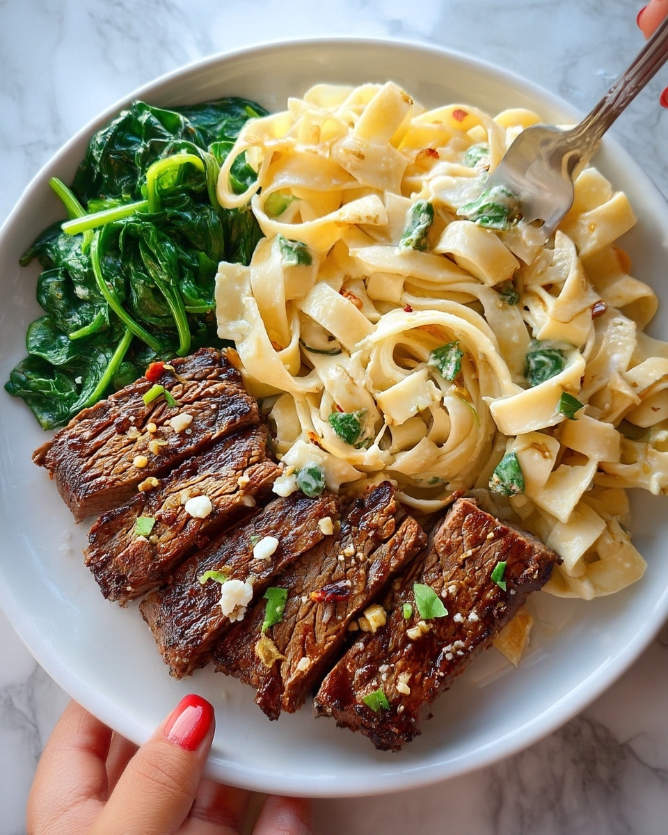 A white plate holds three main layers: at the front are thick slices of cooked steak with a dark brown crust and bits of white cheese sprinkled on top, garnished with small green herb pieces. Behind the steak, there is a pile of creamy fettuccine pasta coated in a light white sauce, with bits of green leaves mixed in, and a woman's hand holding a fork twisting some pasta strands. To the left side of the plate, there is a small serving of bright green cooked spinach. The plate sits on a white marbled surface, and the image looks natural and close up. photo taken with an iphone --ar 4:5 --v 7