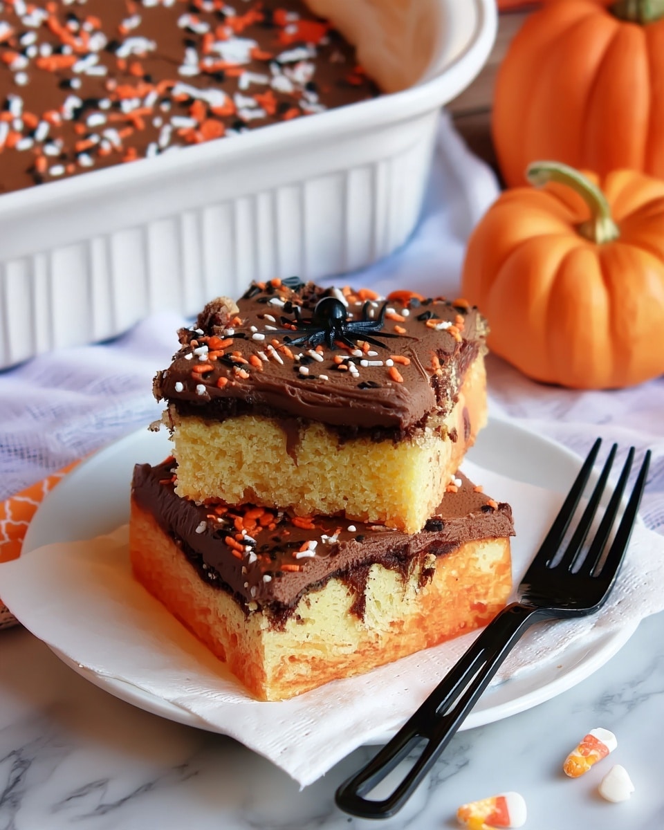 The image shows two square pieces of yellow and brown layered cake with a thick layer of chocolate frosting on top. Each cake piece is decorated with orange, white, and black sprinkles, and a small black plastic spider sits on the frosting. The cakes are placed on white napkins on a white marbled surface, next to a black fork. In the background, there is a white ceramic baking dish filled with more of the same cake, and a small orange pumpkin is placed nearby. The overall scene has a festive Halloween feel with warm orange and brown tones. photo taken with an iphone --ar 4:5 --v 7