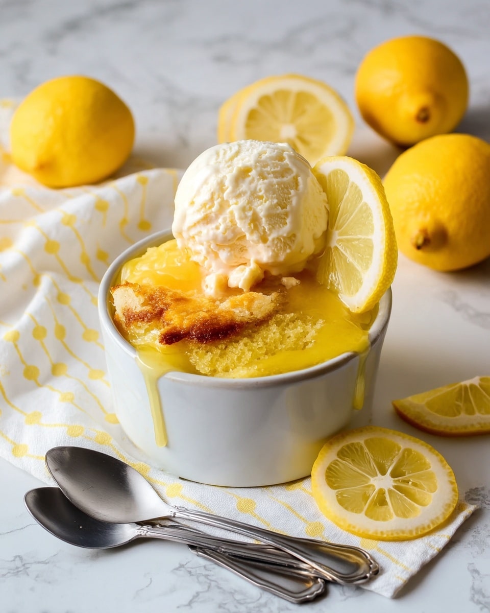 A small white bowl holds a lemon dessert with two layers: a bright yellow, smooth, and slightly glossy lemon filling topped with a golden, slightly crispy crust that shows hints of browning. On top of this is a scoop of pale cream-colored ice cream beginning to melt, with a thin drizzle of melting cream running down the side. A thin lemon slice with visible pulp rests on the edge of the bowl. Around the bowl, several lemon slices and whole lemons sit on a white marbled surface, alongside a white cloth with a yellow dot pattern and three silver spoons lying on it. Photo taken with an iphone --ar 4:5 --v 7