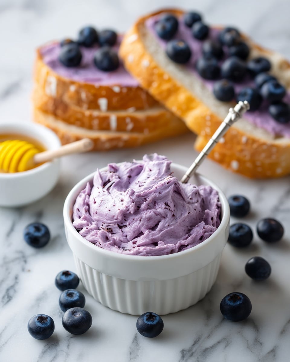 A white ramekin filled with a light purple spread that has a swirled, creamy texture with small darker purple bits mixed in, a silver spoon resting inside it; behind it, two pieces of bread topped with the same purple spread, the bread showing a soft white inside and light brown crust; scattered fresh dark blue blueberries are around the ramekin and breads, all placed on a white marbled surface. In the lower left corner, a small white bowl with golden honey and a yellow honey dipper is partially visible. Photo taken with an iphone --ar 4:5 --v 7
