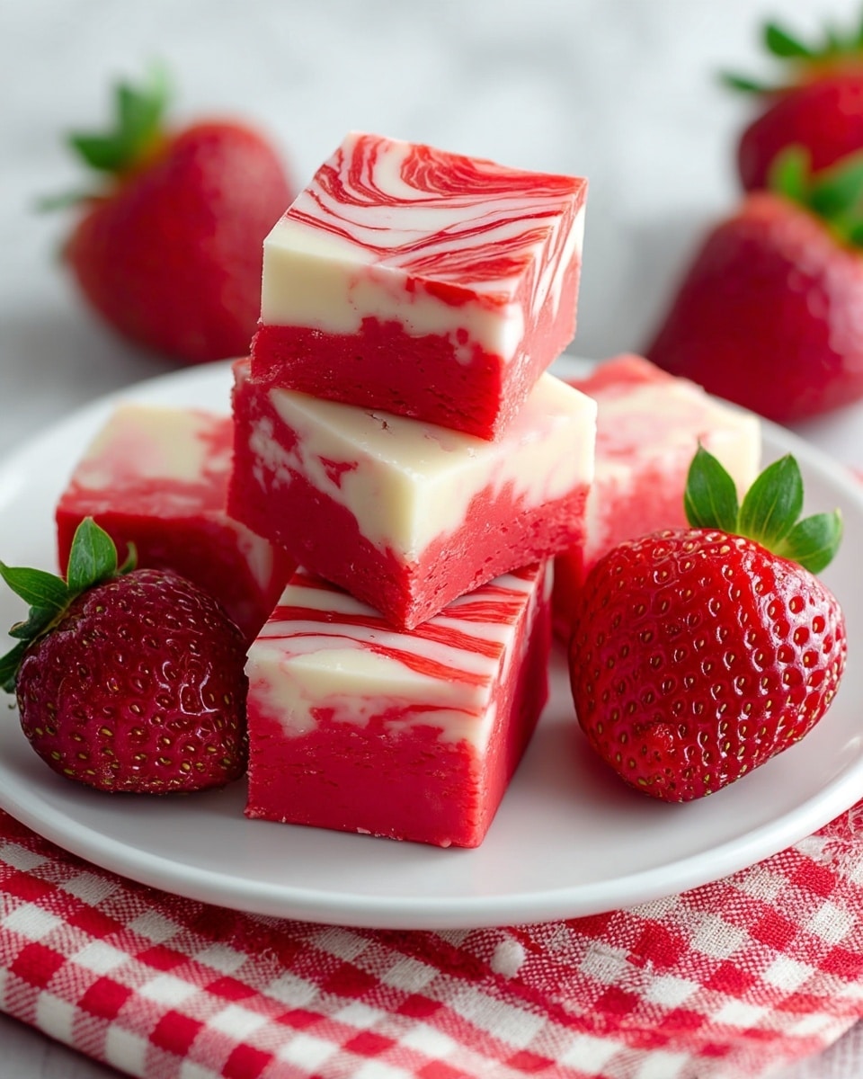 The image shows five square pieces of layered fudge arranged in a small stack on a white plate. Each piece has two layers: a creamy white one and a bright red one. The bottom piece is all red, the second piece has a marbled pattern with red and white swirls, and the top pieces show a mix of solid red and white layers with soft textures. Around the fudge are fresh red strawberries with green leaves. The plate sits on a white marbled surface with a red and white checkered cloth partly visible under it. Photo taken with an iphone --ar 4:5 --v 7