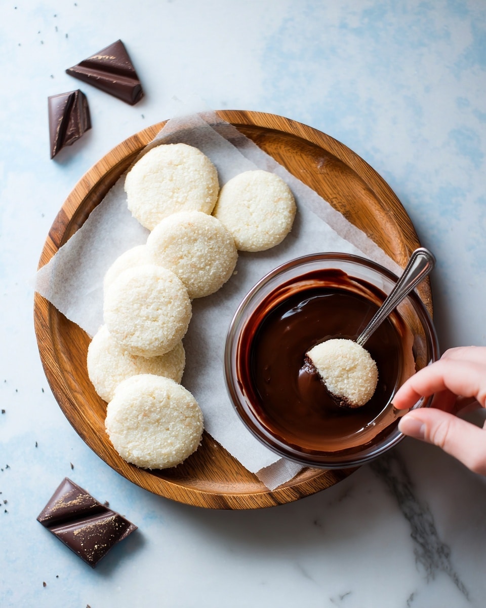 The image shows two sections: on the left, seven round white cookies with a grainy texture sit on white parchment paper inside a round wooden tray placed on a white marbled surface with some small pieces of dark chocolate nearby; on the right, a single white cookie is partially dipped in a clear glass bowl filled with dark melted chocolate, with a silver spoon resting inside the bowl. Photo taken with an iphone --ar 4:5 --v 7