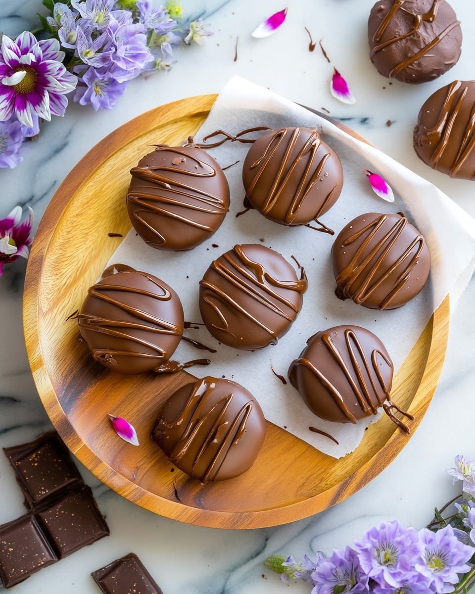 The image shows multiple round chocolate-covered treats with a smooth, shiny brown coating, each topped with thin lines of darker chocolate drizzled over them. Seven of these treats rest on a round wooden board with a warm, natural grain, while several others lie on white parchment paper on a white marbled surface. Scattered around the treats are small purple and white flowers, as well as a few pieces of broken chocolate bars. The overall scene is bright and clean, highlighting the glossy texture of the chocolate and the natural colors of the wooden board and flowers. photo taken with an iphone --ar 4:5 --v 7