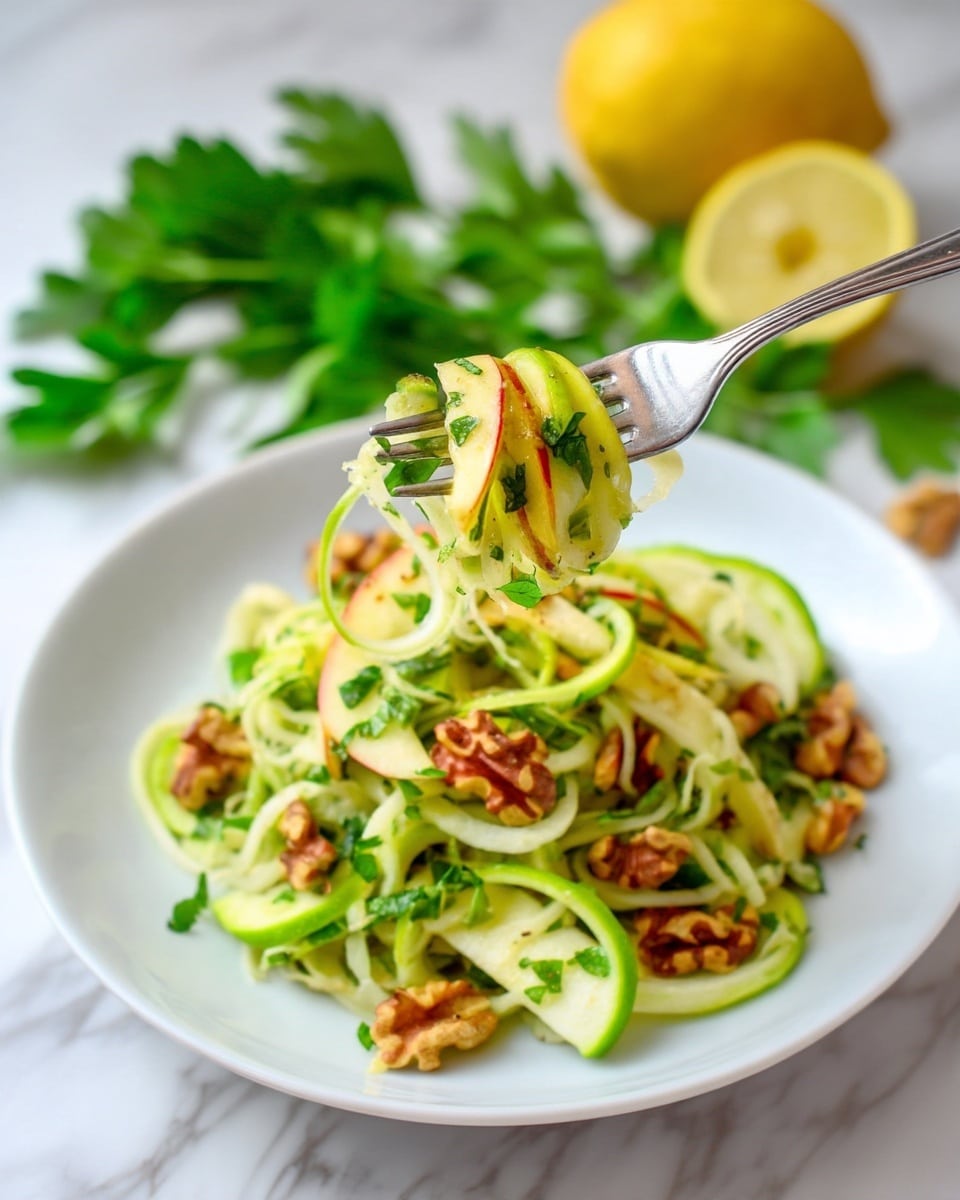 A white plate holds a fresh salad made of thin spiral strips of light green celery and slices of red and green apples, all mixed with chopped green herbs and small pieces of brown walnuts. A metal fork lifts a bite-sized bundle of the salad, showing the layers of spiral celery and apple strips entwined together. In the background, there is a white marbled surface with a halved yellow lemon and green parsley scattered around, giving a fresh and bright feel. Photo taken with an iphone --ar 4:5 --v 7