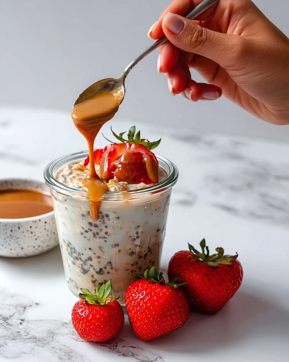 A clear glass jar filled with a creamy mixture of oats and chia seeds, showing small black chia seeds scattered throughout the white creamy base, topped with two bright red strawberries with green leaves, one of them sliced, both covered with a drizzle of light brown sauce from a spoon held above the jar by a woman's hand. Next to the jar, on a white marbled surface, there are three whole strawberries with green leaves, and part of a white speckled bowl with a brown liquid inside is visible at the bottom left corner. Photo taken with an iphone --ar 4:5 --v 7