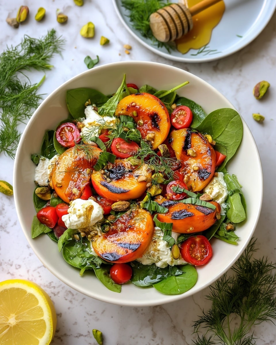 The dish is in a white bowl filled with fresh green spinach leaves as the base layer. On top, there are bright orange grilled peach slices with charred black marks, giving a textured look. Scattered around are small, shiny red cherry tomato halves adding a pop of color. Dollops of creamy white cheese are placed unevenly across the salad, some slightly melted and drizzled with honey from the honey dipper resting on a white plate in the background with green herbs. A handful of green pistachios are sprinkled over, and small fresh green herbs like dill are scattered around for a fresh touch. A halved yellow lemon sits next to the bowl on a white marbled surface, completing the fresh and vibrant look. Photo taken with an iphone --ar 4:5 --v 7